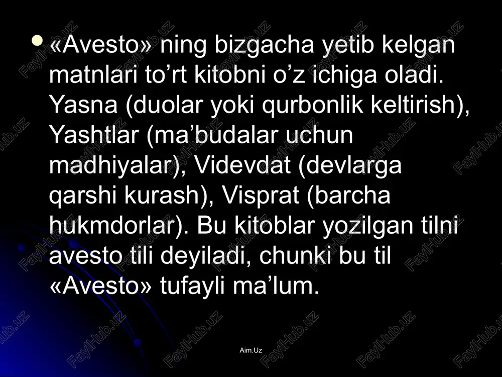 borini tortgan. u haqda f.nitsshe, f. shpigel, a. mayllet, v. bartold, e. bertels, yan ripka, o. makovelskiy, i. braginskiy v.b. xorijiy olimlarning tadqiqotlari mavjud. aim.uz o’zbekistonda «avesto»ni o’rganish qadimdan boshlangan. abu rayhon beruniy, abu jafar tabariy, abu baxr narshaxiy asarlarida «avesto» ta’limotiga va unda tilga olingan timsollarga murojaat mavjud. bu nodir ilmiy asarlarning qo’lyozma va bosma nusxalari o`r fa shi jamg’armasida saqlanadi. hozirgi o’zbek olimlari a.qayumov, h. homidov, m. is’hoqov, n. rahmonov v.b.ning ilmiy tadqiqot va maqolalari e’tiborli. aim.uz image1.jpeg image2.jpeg image3.jpeg image4.jpeg image5.jpeg image6.jpeg image7.jpeg image8.jpeg image9.jpeg /docprops/thumbnail.jpeg