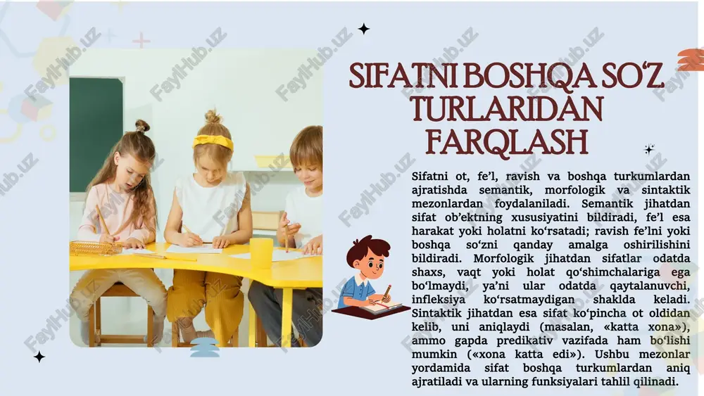oblanadi. bir xil sifat kontekstga qarab neytral, emotsional yoki ironik ma’no olishi mumkin. masalan, «katta» so‘zi bir joyda hajmni ifodalasa, boshqasida ijobiy sifat sifatida ishlatilishi mumkin («katta mehribonlik»). stilistik nuqtai nazardan sifatlar bilan ishlash tilning ifodaviy imkoniyatlarini kengaytiradi va matn tuzilishida muayyan kayfiyat yaratadi. xulosa sifat so‘z turkumi o‘zbek tilining asosiy leksik va sintaktik komponentlaridan biri bo‘lib, ob’ektlarning xususiyatini ifodalash, tasviriylikni oshirish va gap tarkibini aniqlashtirishda muhim rol o‘ynaydi. sifatlarning turlari, morfologik hosil bo‘lishi, syntaktik vazifalari va darajalash imkoniyatlari tilni yanada boy va aniq ifodali qiladi. til o‘rganuvchilari uchun sifatlarni to‘g‘ri aniqlash, ularni qo‘llash va darajalash qoidalariga amal qilish nutq va yozma matn sifatini yaxshilaydi. shu sababli sifatlar bilan samarali ishlash til madaniyatini oshirishga xizmat qiladi. etiboringiz uchun rahmat! image1.png image2.svg image2.jpeg image3.jpeg image4.png image6.svg image5.png image8.svg image11.png image18.svg image6.png image10.svg image7.jpeg image8.jpeg image9.png image14.svg image10.png image16.svg image12.png image20.svg image13.jpeg image14.jpeg image15.png image24.svg image16.png image26.svg image35.svg image22.png image37.svg image17.png image28.svg …