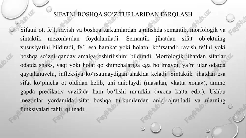 ham (katta), so‘ngra rang (qora) va oxirida ot joylashadi. biroq bu ketma-ketlik qat’iy grammatika qoidasi emas, balki til ichidagi odat va idiomatiklikka bog‘liq bo‘ladi. sifatning darajalari — qiyoslash sifatlar ko‘pincha gradatsiyalanadi, ya’ni ular asosiy (pozitiv), solishtirma (komparativ) va eng yuqori (superlativ) darajalarga ega bo‘ladi. o‘zbek tilida solishtirma shakl analitik usul bilan («ko‘proq», «kamroq») yoki sintetik qo‘shimcha orqali (-roq) ifodalanadi: «katta — kattaroq», «go‘zal — go‘zalroq» yoki «ko‘proq chiroyli». superlativ esa ko‘pincha «eng» so‘zi bilan yasaladi: «eng katta», «eng yoqimli». ushbu darajalash semantik jihatdan nisbiy va kontekstga bog‘liq bo‘lib, taqqoslash va baholash jarayonlarini til orqali amalga oshirishga xizmat qiladi. participle va gerundlarning sifat vazifasi fe’ldan hosil bo‘lgan participial va gerundial shakllar sifat sifatida keng qo‘llanadi. masalan, «ishlagan odam» yoki «o‘qiyotgan talaba» kabi birikmalarda fe’lning ishtirokchi shakli otni belgilaydigan sifat vazifasini bajaradi. bu shakllar hodisaning vaqtini, bajarilish darajasini yoki tavsifiy holatini ochib beradi va murakkab gap tarkibida ko‘proq ma’lumot beruvchi subororat sifatida …