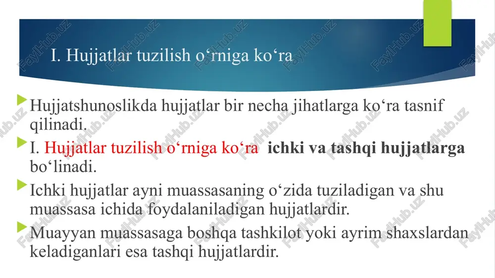 igan hujjatlarning sanasi va shartli raqamiga havola. 12. tuzilgan yoki nashr qilingan joyi. 13. hujjatni oluvchi (adresat). 14. tasdiqlash ustxati. 15. munosabat belgasi (rezolyutsiya). 16. hujjat turining nomi. 17. nazorat haqida kayd. 18. matn. 19. ilova mavjudligi haqidagi qayd.o. 21. kelishuv ustxati. 22. rozilik belgasi (viza). 23. muhr. 24. nusxaning tasdiqlanishi haqidaga qayd. 25. ijrochining familiyasi va telefon raqami. 26. hujjatning bajarilgani va uning hujjatlar yig‘ma jildiga yo‘naltirilganligi haqidagi qayd. 27. axborot mashinaga ko‘chirilganligi haqidagi qayd. 28. hujjat kelib tushganligi haqidagi qayd. rasmiy uslub hozirgi o‘zbek tilining davlat-ma’muriy, huquqiy muassasalarida, rasmiy diplomatik munosabatlarida namoyon bo‘ladigan ko‘rinishidir. qonun matnlari, farmonlar, farmoyishlar, buyruqlar, xullas barcha rasmiy ish qog‘ozlari ana shu uslubda shakllanadi. bu uslubning og‘zaki va yozma ko‘rinishlari, binobarin, ushbu ko‘rinishlarning o‘z me’yorlari mavjud. image1.jpeg /docprops/thumbnail.jpeg