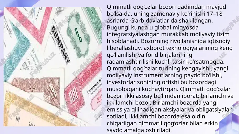 ida mavjud risklar investorlar uchun juda muhim hisoblanadi. ularga bozor riski, kredit riski, foiz stavkasi riski, inflyatsiya riski, likvidlik riski va valyuta riski kiradi. bozor riski aktiv narxining o‘zgaruvchanligi bilan bog‘liq bo‘lsa, kredit riski emitentning o‘z majburiyatini bajarmasligi xavfini bildiradi. investorlar bu risklardan himoyalanish uchun diversifikatsiya, sug‘urta, hedj qilish kabi mexanizmlardan foydalanadi. bozor risklari siyosiy beqarorlik, makroiqtisodiy o‘zgarishlar, global inqirozlar va geosiyosiy vaziyatlarning ta’siriga ham bog‘liq. shu sababli qimmatli qog‘ozlar bozorida dinamik tahlil va prognozlash alohida ahamiyat kasb etadi. investorlar qaror qabul qilishda har doim risk va rentabellikning o‘zaro bog‘liqligini hisobga olishi kerak. qimmatli qog‘ozlar bozorini tartibga solish davlatning moliyaviy barqarorligini ta’minlashda muhim rol o‘ynaydi. regulyatorlar qimmatli qog‘ozlar chiqarilishi, birja faoliyati, brokerlar va dilerlar faoliyatini nazorat qiladi. ko‘plab mamlakatlarda qimmatli qog‘ozlar bozorini tartibga soluvchi maxsus organlar mavjud, masalan, aqshda qimmatli qog‘ozlar va birjalar komissiyasi (sec), yevropada esa esma tashkiloti faoliyat yuritadi. o‘zbekistonda bu vazifani kapital bozorini rivojlantirish agentligi amalga oshiradi. …