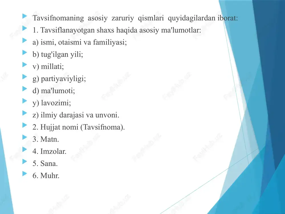 t davlat notariusi, fuqarolar yig‘inlari tomonidan tasdiqlanishi ham mumkin. uning yozilishi quyidagicha: tilxat degan so‘z, tilxatni beruvchining lavozimi, ismi-familiyasi, pul-buyum yoki boshqa biron narsaning aniq nomi va qanchaligi, agar u texnik vosita bo‘lsa, uning holati kabilar ko‘rsatilib, olganligi e’tirof etilgan matn, so‘ngida esa sana va imzo qo‘yiladi. olinadigan pul miqdori yoki buyumning bahosi va uning soni tilxatda raqamlar bilan ko‘rsatiladi, qavs ichida esa so‘zlar bilan ham berilishi shart. matn va imzo oralig'idagi bo‘sh joylar chiziladi. tilxatdagi yozuvlarni o‘chirish yoki tuzatish mumkin emas, aks holda, bunday hujjatning haqiqiyligi shubha ostiga olinishi mumkin. tushuntirish xati tushuntirish xati talaba yoki xodim, ishchi yoki xizmatchi tomonidan ta’lim-tarbiya yoki ishlab chiqarish jarayonida yo‘l qo‘yilgan kamchiliklar, tartib-qoidaga rioya qilinmaganlik sabablari ko‘rsatilib yozilgan xatdir. uning zaruriy belgilari quyidagicha: tushuntirish xati kimga va kimdan yo‘llanmoqda, tushuntirish xati yozuvi, asosiy matn, imzo, sana. zaruriy qismlari va yozilish shakli jihatidan tushuntirish xati arizadan deyarli farq qilmaydi, tarkibiy qismlarining joylashishi ham …