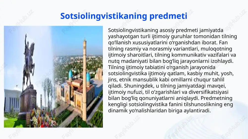shu jarayonlarni o‘rganib, etnik guruhlarning lingvistik xususiyatlari, tilning madaniy funksiyalari, milliy tafakkur va til o‘rtasidagi bog‘liqlik kabi masalalarni tahlil qiladi. bu yo‘nalish sotsiolingvistikaning muhim qismidir, chunki jamiyatning etnik tarkibi tilning shakllanishi va rivojlanishiga bevosita ta’sir qiladi. gender lingvistika gender lingvistika erkaklar va ayollar nutqi o‘rtasidagi farqlarni ijtimoiy omillar asosida o‘rganadi. erkaklar va ayollar nutqi grammatik, leksik, fonetik va pragmatik jihatdan farq qilishi mumkin. mazkur farqlar biologik emas, balki ijtimoiy rollar, madaniy stereotiplar va tarbiya jarayonlari bilan bog‘liq. ayollar nutqida muloyimlik, ehtiyotkorlik, ko‘proq his-tuyg‘ularni ifodalash kuzatilsa, erkaklar nutqida aniq, qisqa va buyruq ohangidagi shakllar ustun bo‘lishi mumkin. sotsiolingvistika ushbu farqlarni o‘rganib, jamiyatdagi gender rollarining tilga ta’sirini tahlil qiladi. yoshga doir lingvistika yosh lingvistika turli yosh guruhlarining nutq xususiyatlarini o‘rganadi. bolalar, o‘smirlar, yoshlar, o‘rta yosh va keksalar nutqi o‘ziga xos grammatik, fonetik va leksik xususiyatlarga ega. ayniqsa, o‘smirlar va yoshlar nutqida sleng, jargon va internet tili unsurlari ko‘p uchraydi. keksalar nutqida esa …