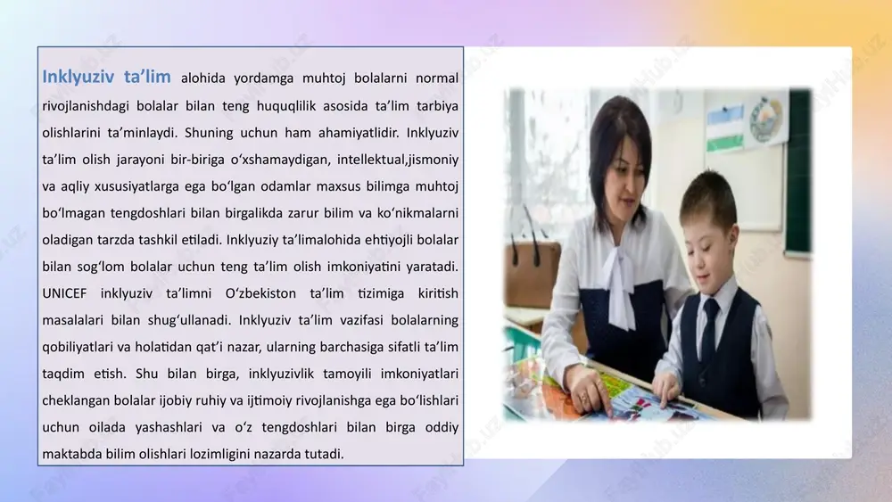 hida ta'lim ehtiyojlari bo'lgan bolalar ta'limini 2025 yilgacha rivojlantirishning maqsadli ko'rsatkichlari (indikatorlari) tasdiqlandi. e'tiborlisi, “2022-2026 yillarga mo'ljallangan yangi o'zbekistonning taraqqiyot strategiyasi”da ham nogironligi bo'lgan shaxslarning jamiyat ijtimoiy-iqtisodiy hayotiga jalb qilinishi va faol ishtirokini ta'minlovchi inklyuziv ta'lim va ishga joylashtirish tizimini takomillashtirish (66-maqsad); yoshlar uchun ochiq va sifatli ta'limni ta'minlash, ta'limning barcha bosqichlarida yoshlarning mukammal ta'lim olishini ta'minlash, hududlarda inklyuziv ta'lim rivojlanishi uchun shart-sharoit yaratish (70-maqsad) kabi ustuvor vazifalar belgilab berilgan. nogironligi bo'lgan yoshlarni qo'llab-quvvatlash, ularning ijtimoiy faolligini, mehnatga bo'lgan qiziqishini oshirish hamda ilm-fan, texnika, san'at va sportga jalb etish borasida bir qator tizimli ishlar amalga oshirilmoqda. o'zbekiston respublikasi prezidentining “nogironligi bo'lgan shaxslarni har tomonlama qo'llab-quvvatlash, ularning bandligiga ko'maklashish hamda ijtimoiy faolligini yanada oshirishga oid qo'shimcha chora-tadbirlar to'g'risida” 2021 yil 21 dekabrdagi pq-57-sonli qarorining 9-z-bandiga muvofiq, yoshlar ishlari agentligi nogironligi bo'lgan yoshlarga o'zini o'zi band qilish, tadbirkorlikka jalb qilish, kasb-hunarga o'qish uchun joriy etilgan subsidiyalardan foydalanishda ko'maklashish, nogironligi bo'lgan yoshlarning xorijiy …