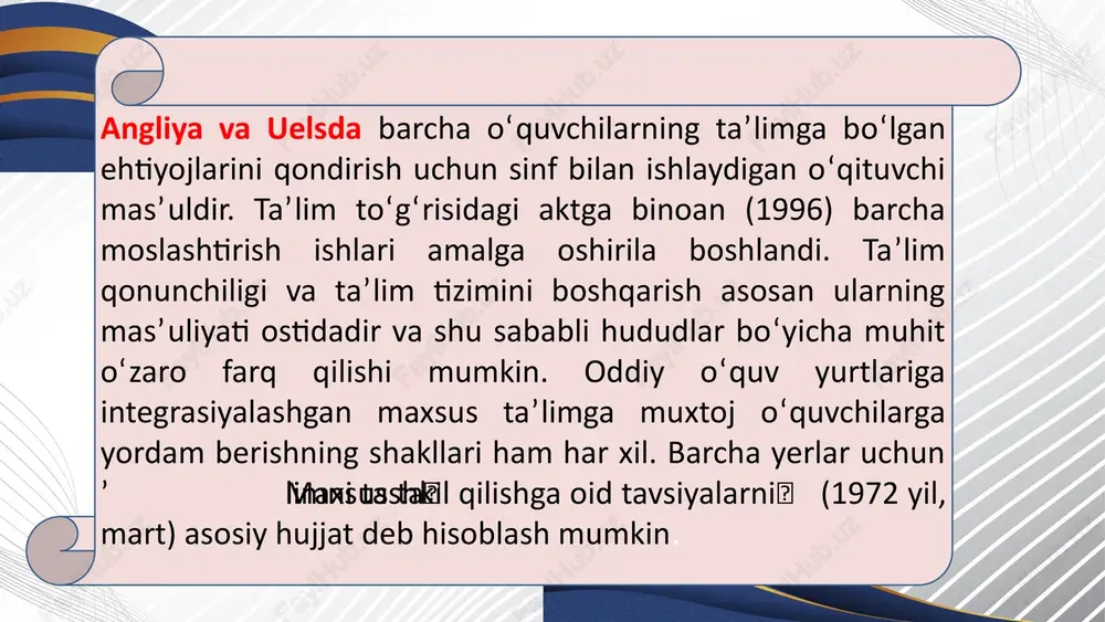chiqishda asosiy mas’ul organ qaysi? a) department for education (dfe) b) ministry of health c) british council d) national curriculum committee 6. buyuk britaniyada maxsus ehtiyojli o‘quvchilarni aniqlash va qo‘llab-quvvatlash bo‘yicha hujjat qanday nomlanadi? a) education, health and care plan (ehcp) b) special education curriculum (sec) c) inclusive pedagogical framework (ipf) d) learning support strategy (lss) 7. buyuk britaniyada inklyuziv ta’lim tamoyillaridan biri bo‘lgan “reasonable adjustments” iborasi nimani bildiradi? a) nogiron o‘quvchilar uchun o‘quv muhitini moslashtirish choralari b) o‘qituvchilar uchun qo‘shimcha ta’til belgilash c) maktab byudjetini oshirish d) faqat dars jadvalini o‘zgartirish 8. buyuk britaniyada o‘qituvchilarni inklyuziv ta’limga tayyorlashda qaysi yondashuv muhim hisoblanadi? a) individual differensial yondashuvni rivojlantirish b) faqat nazariy bilim berish c) qattiq baholash tizimini joriy etish d) o‘quvchini mustaqil o‘rganishdan cheklash 10. buyuk britaniyada inklyuziv ta’limni qo‘llab-quvvatlovchi eng yirik xayriya tashkilotlaridan biri qaysi? a) national autistic society b) british red cross c) save the children uk d) …