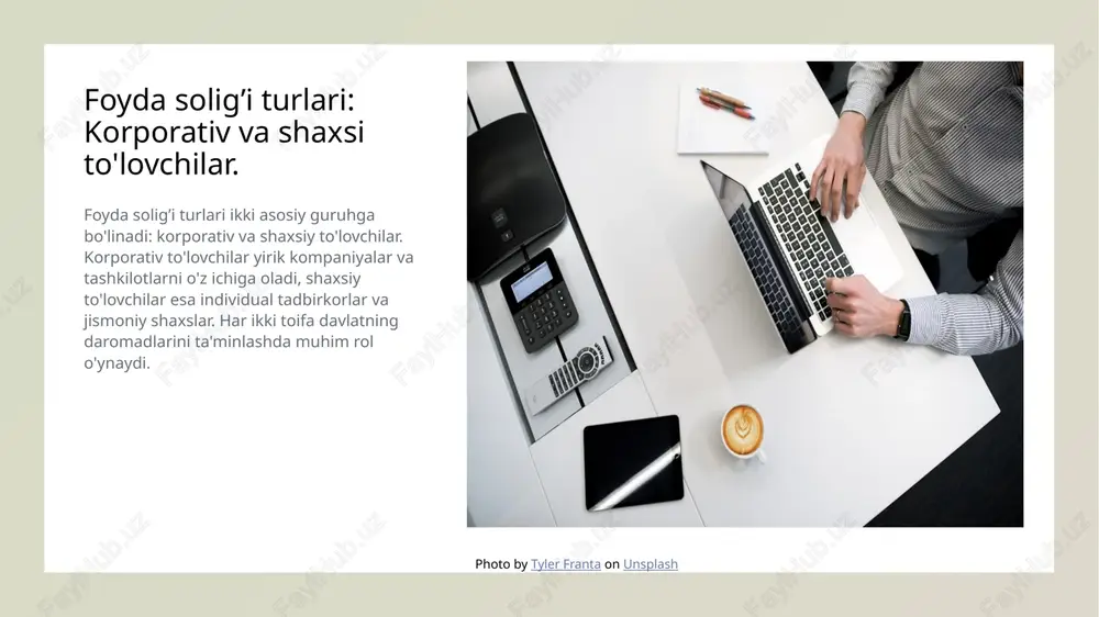 dasturlarni moliyalashtirishda muhim rol o'ynaydi. ular quyidagi vazifalarni bajaradilar: 1) davlat xarajatlarini qo'llab-quvvatlash; 2) ijtimoiy xizmatlar va infratuzilma rivoji; 3) moliya barqarorligini ta'minlash. photo by algi on unsplash foyda solig’i to'lovchilari va davlat moliyaviy barqarorligi. 1 foyda solig’i ta'siri foyda solig’i to'lovchilari davlat moliyaviy barqarorligini ta'minlaydi, chunki u davlat byudjetining muhim qismi hisoblanadi va moliyaviy resurslarni taqdim etadi. 2 barqarorlik va o'sish foyda solig’i to'lovchilari iqtisodiy o'sishni rag'batlantiradi, bu esa investitsiyalarni jalb qilish va ish o'rinlarini yaratishga yordam beradi, iqtisodiy barqarorlikni oshiradi. 3 davlat siyosati soliq to'lovchilar davlat siyosatining ijrosida muhim rol o'ynaydi, ular moliyaviy resurslarni taqdim etish orqali ijtimoiy va iqtisodiy dasturlarni amalga oshiradi. soliq to'lovchilar ro'yxati: qonuniy asoslar va talablar. soliq to'lovchilarning ro'yxati qonuniy asoslar talablar va jarayon o'zbekistonda soliq to'lovchilarning ro'yxati, barcha foyda solig'i to'lovchilarini bir joyda jamlaydi, ularning huquqiy maqomini belgilaydi. soliq to'lovchilarning ro'yxati, o'zbekiston respublikasi soliq kodeksi va boshqa normativ hujjatlar asosida shakllantiriladi, qonuniylikni ta'minlaydi. …
