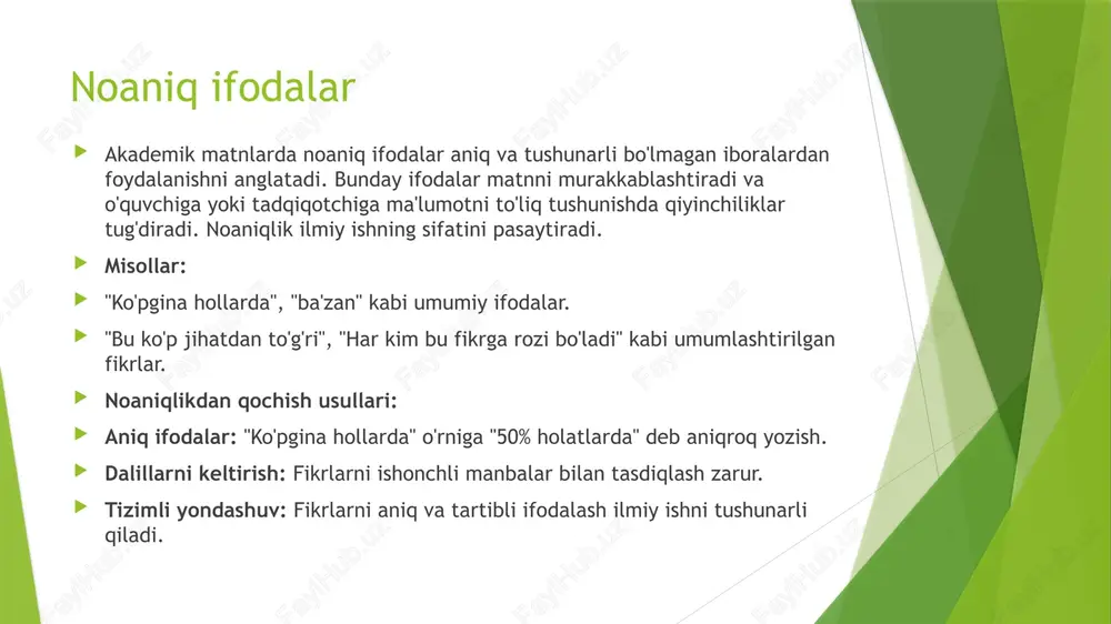 qiynaladi. noaniqlikdan qochish usullari: •so'zlarni aniq va to'g'ri tanlash. •leksik ma'nolarni tekshirish va ular bilan ishlashda ehtiyotkor bo'lish. fikrlarni tizimli ifodalamaslik fikrlarni tizimli ifodalamaslik – bu ilmiy matnda g'oyalar yoki fikrlarning tartibsiz va bog'lanmagan tarzda taqdim etilishidir. bunday xatolar o'quvchini chalg'itishi va matnning aniq tushunilmasligiga olib keladi. misollar: •g'oyalar bir-biriga bog'lanmasdan, alohida-alohida taqdim etilishi. •fikrlar orasida mantiqiy aloqaning yo'qligi, masalan: "ilmiy ishda yangi texnologiyalarni ko'rib chiqdik. yangi metodlar samarali. bu muhim." salbiy ta'siri: •matnning tushunilishi qiyinlashadi. •o'quvchi fikrlarni bir joyga to'plab, mantiqan bog'lab olishda qiynaladi. noaniqlikdan qochish usullari: •fikrlarni aniq va tartibli taqdim etish. •har bir fikrni avvalgi fikrga bog'lab, mantiqiy ravishda izchil bayon qilish. xulosa  akademik yozuvda uslubiy xatolarni oldini olish ilmiy ishning sifatini oshirish va uning aniq tushunilishini ta'minlash uchun juda muhimdir. noaniq ifodalar, takrorlanish, rasmiy tilga rioya qilmaslik, leksik xatolar va tizimli fikrlarni ifodalamaslik kabi xatolar ilmiy matnning ishonchliligini va ravonligini pasaytiradi. ushbu xatolarni aniqlash va …