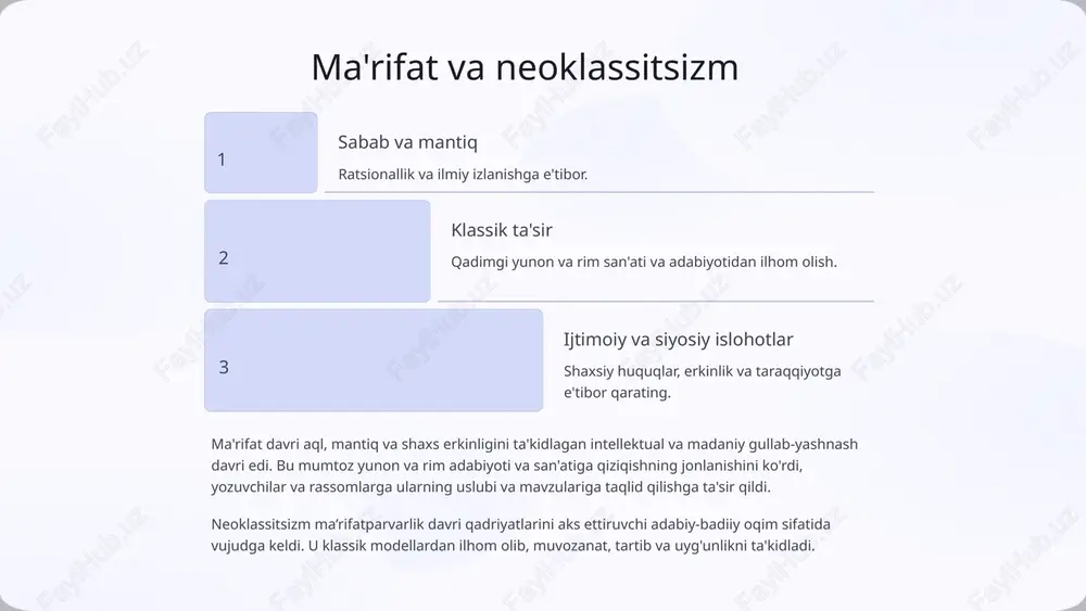 urf-odatlari va tarixiy voqealarni aks ettiradi va tanqid qiladi. bilimlarni saqlash va almashish g‘arb adabiyoti madaniy meros, axloqiy me’yorlar va ilmiy kashfiyotlarni yetkazadi. g'arb adabiyotining kelajagi rivojlanayotga n tendentsiyalar g‘arb adabiyoti uzluksiz evolyutsiyani boshidan kechirmoqda. turli madaniyatlar va raqamli vositalarning ta'siri, ehtimol, yangi hikoya shakllari va mavzularini shakllantiradi. global istiqbollar turli millatga mansub yozuvchilar g‘arb adabiy kanoniga tobora ko‘proq hissa qo‘shib, uning dunyoqarashini boyitib, qamrovini kengaytiradi. texnologik ta'sir raqamli platformalar va virtual haqiqat texnologiyalari an'anaviy yozuv va san'atning boshqa shakllari o'rtasidagi chegaralarni yo'qotib, hikoya qilish uchun yangi yo'llarni taklif qilishi mumkin. muvofiqlikni saqlash g‘arb adabiyoti bu o‘zgarishlarni kuzatar ekan, uning inson tajribasi, ijtimoiy adolat va ma’no izlash haqidagi doimiy mavzulari dolzarbligicha qolaveradi. slide 1 slide 2 slide 3 slide 4 slide 5 slide 6 slide 7 slide 8 slide 9 slide 10