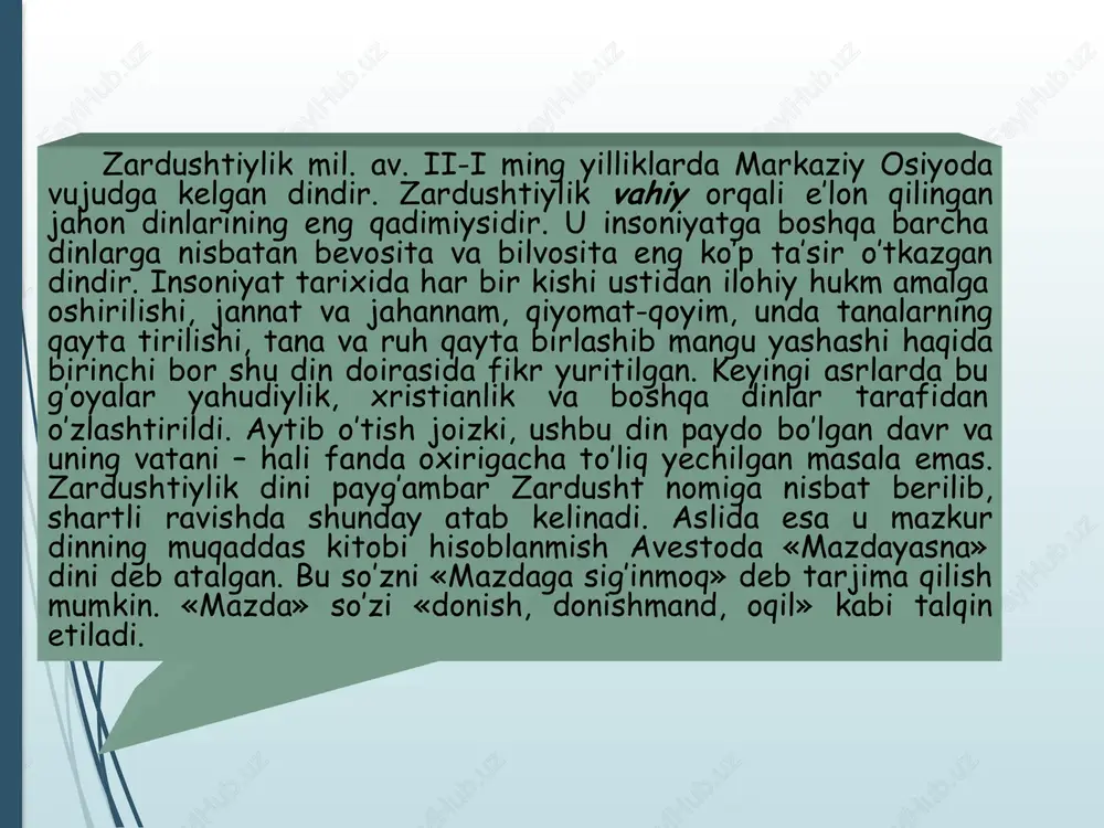 ishining ma’lum bir pog’onasini boshqarib turgan. zardushtiylik dafn marosimi o’ziga xos bo’lib, o’lganlar bir necha past, baland «sukut minoralari» – daxmalarga solinadi, u yerda murdalarning go’shtlarini qushlar yeb, suyaklarini tozalaydi. go’shtdan tozalangan suyaklar maxsus sopol idishlarga solinib minora o’rtasidagi quduqqa sochib yuboriladi. bunda poklik bilan nopoklikning bir-biriga yaqinlashmasligiga erishiladi. amesha spenta – abadiy ruhlar xshatra vairya- osmonni yaratgan armaiti – yerni yaratgan xaurva tat – suvni yaratgan ameretat – o’simlik dunyosini yaratgan bohu mana – iloxiy sigirni yaratgan asha vahishta – olovni yaratgan zardushtiylikda imon asoslari ezgu fikr ezgu so’z ezgu amal zardushtiylik dini dunyodagi eng qadimiy dinlardan biri hisoblanib, mil. av. xii-vi asrlarda markaziy osiyo, ozarbayjon, eron va kichik osiyo xalqlari unga e’tiqod qilganlar. eronda sosoniylar sulolasi hukmronligi davrida uning muqaddas kitobi avesto ruhoniylar tomonidan og’zaki rivoyatdan yig’ilib, birinchi marta kitob shakliga keltirilgan. ayrim qismlariga, ayniqsa «videvdat» bo’limiga o’zgartirishlar kiritilib, qayta ishlangan. viii asrda o’rta osiyoga islom dini kirib …