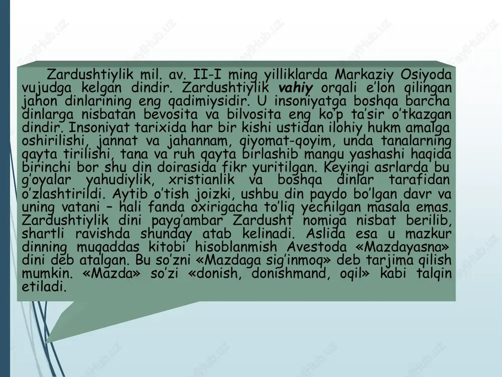 ishining ma’lum bir pog’onasini boshqarib turgan. zardushtiylik dafn marosimi o’ziga xos bo’lib, o’lganlar bir necha past, baland «sukut minoralari» – daxmalarga solinadi, u yerda murdalarning go’shtlarini qushlar yeb, suyaklarini tozalaydi. go’shtdan tozalangan suyaklar maxsus sopol idishlarga solinib minora o’rtasidagi quduqqa sochib yuboriladi. bunda poklik bilan nopoklikning bir-biriga yaqinlashmasligiga erishiladi. amesha spenta – abadiy ruhlar xshatra vairya- osmonni yaratgan armaiti – yerni yaratgan xaurva tat – suvni yaratgan ameretat – o’simlik dunyosini yaratgan bohu mana – iloxiy sigirni yaratgan asha vahishta – olovni yaratgan zardushtiylikda imon asoslari ezgu fikr ezgu so’z ezgu amal zardushtiylik dini dunyodagi eng qadimiy dinlardan biri hisoblanib, mil. av. xii-vi asrlarda markaziy osiyo, ozarbayjon, eron va kichik osiyo xalqlari unga e’tiqod qilganlar. eronda sosoniylar sulolasi hukmronligi davrida uning muqaddas kitobi avesto ruhoniylar tomonidan og’zaki rivoyatdan yig’ilib, birinchi marta kitob shakliga keltirilgan. ayrim qismlariga, ayniqsa «videvdat» bo’limiga o’zgartirishlar kiritilib, qayta ishlangan. viii asrda o’rta osiyoga islom dini kirib …