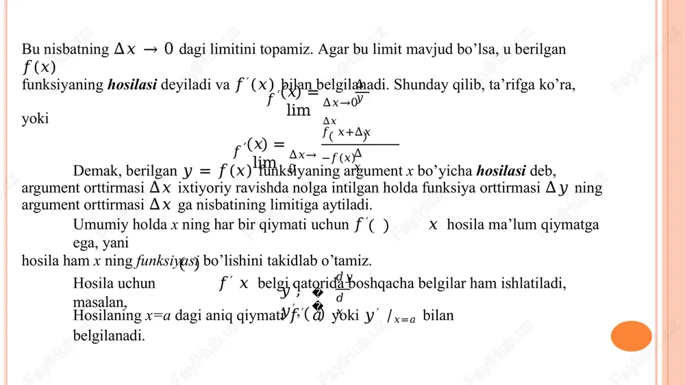 𝑦 = 𝑓 𝑥 = 𝐶. argument x ga ∆𝑥(∆𝑥 ≠ 0) orttirmani beramiz. argumentning barcha qiymatlarida funksiya y o’zining c qiymatini saqlaydi, shuning uchun𝑦 + ∆𝑦 = 𝑓 𝑥 + ∆𝑥 = 𝐶,∆𝑦 = 𝑓 𝑥 + ∆𝑥 − 𝑓 𝑥 = 0,∆𝑥 ∆𝑥→0 ∆𝑥 ∆𝑦 = 0, 𝑦′ =lim ∆𝑦 = 0, yani 𝑦 ′ = 0. murakkab funksiyaning hosilasi. faraz qilaylik, 𝑦 = 𝑓(𝑥) murakkab funksiya,yani shundayfunksiya berilganki, uni 𝑦 = 𝐹 𝑢, 𝑢 = 𝜑𝑥 yoki𝑦 = 𝐹 𝜑(𝑥) ko’rinishida tasvirlash mumkin bo’lsin. 𝑦 = 𝐹 𝑢 ifodada u o’zgaruvchi oraliq argument deyiladi. t e o r e m a. agar 𝑢 = 𝜑 𝑥 funksiyabiror x nuqtada� � 𝑢′ = 𝜑′(𝑥) hosilaga ega bo’lsa, 𝑦 = 𝐹 𝑢 funksiya esa u ning ′ ′mos qiymatida 𝑦𝑥= 𝐹(𝑢) hosilaga ega bo’lsa, u holda ko’rsatilgan x nuqtada 𝑦 = 𝐹𝜑(𝑥) murakkab funksiya ham𝑥𝑢𝑦′ = 𝐹′(𝑢)𝜑′(𝑥) ga teng …