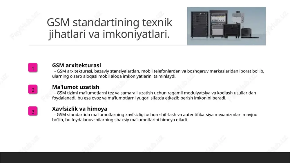 ashtirishda muhim rol o'ynaydi. 04 iqtisodiy ahamiyati gsm texnologiyalari, o'zbekiston iqtisodiyotida raqamli xizmatlar va mobil savdo sohalarini rivojlantirishda asosiy omil hisoblanadi, yangi ish o'rinlari yaratadi. raqamli aloqa tizimlarining texnologik rivojlanishi va innovatsiyalar. 1 raqamli aloqa texnologiyalari raqamli aloqa texnologiyalari, gsm va 3g, 4g, 5g kabi standartlar orqali tezkor ma'lumot uzatish imkoniyatlarini yaratdi. bu tizimlar mobil aloqa sohasida inqilob qildi. 2 innovatsiyalar va rivojlanish mobil aloqa tizimlaridagi innovatsiyalar, masalan, lte va 5g texnologiyalari, yuqori tezlikda internet aloqasi va yangi xizmatlar taqdim etishni ta'minlaydi. 3 o'zbekistondagi o'zgarishlar o'zbekistonda raqamli aloqa tizimlarining rivojlanishi, mobil internet xizmatlarining kengayishi va umuman aholi hayotida yangiliklar kiritmoqda. 4 kelajak istiqbollari kelajakda raqamli aloqa tizimlari sun'iy intellekt, iot (internet of things) va yuqori tezlikdagi tarmoqlar orqali yanada rivojlanishi kutilmoqda, bu esa yangi imkoniyatlar yaratadi. mobil aloqa tarmoqlarida raqamli aloqa tizimlarining ahamiyati. 1 raqamli aloqa ahamiyati raqamli aloqa tizimlari mobil tarmoqlarda ma'lumotlarni tez va samarali uzatish imkonini beradi, bu …