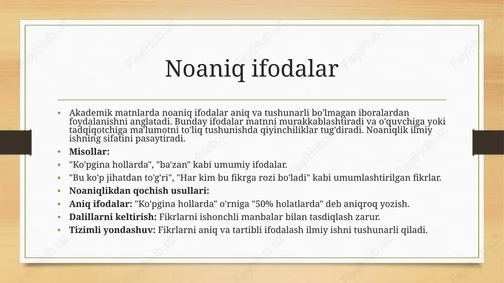 qiynaladi. noaniqlikdan qochish usullari: •so'zlarni aniq va to'g'ri tanlash. •leksik ma'nolarni tekshirish va ular bilan ishlashda ehtiyotkor bo'lish. fikrlarni tizimli ifodalamaslik fikrlarni tizimli ifodalamaslik – bu ilmiy matnda g'oyalar yoki fikrlarning tartibsiz va bog'lanmagan tarzda taqdim etilishidir. bunday xatolar o'quvchini chalg'itishi va matnning aniq tushunilmasligiga olib keladi. misollar: •g'oyalar bir-biriga bog'lanmasdan, alohida-alohida taqdim etilishi. •fikrlar orasida mantiqiy aloqaning yo'qligi, masalan: "ilmiy ishda yangi texnologiyalarni ko'rib chiqdik. yangi metodlar samarali. bu muhim." salbiy ta'siri: •matnning tushunilishi qiyinlashadi. •o'quvchi fikrlarni bir joyga to'plab, mantiqan bog'lab olishda qiynaladi. noaniqlikdan qochish usullari: •fikrlarni aniq va tartibli taqdim etish. •har bir fikrni avvalgi fikrga bog'lab, mantiqiy ravishda izchil bayon qilish. xulosa • akademik yozuvda uslubiy xatolarni oldini olish ilmiy ishning sifatini oshirish va uning aniq tushunilishini ta'minlash uchun juda muhimdir. noaniq ifodalar, takrorlanish, rasmiy tilga rioya qilmaslik, leksik xatolar va tizimli fikrlarni ifodalamaslik kabi xatolar ilmiy matnning ishonchliligini va ravonligini pasaytiradi. ushbu xatolarni aniqlash va …