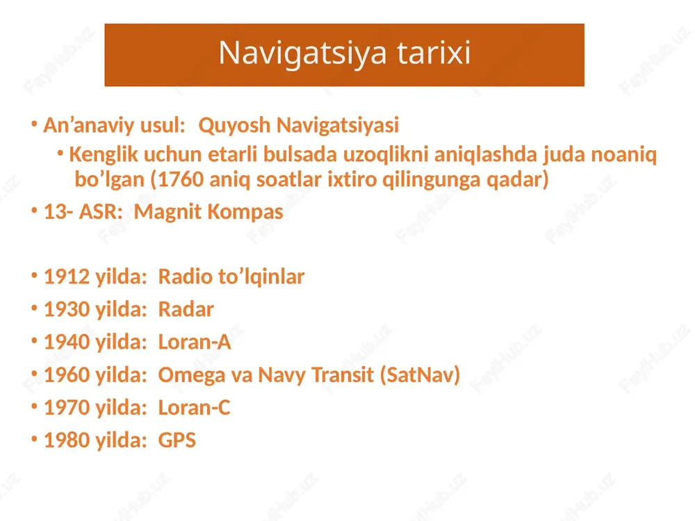 s bo’lib xizmat qiladi (grinvich vaqti-utc) •gps vaqti = tai + 13s • 13 sekundlik o’zgarish 1/6/1980 yildan beri mavjud image courtsy: peter dana, http://www.colorado.edu/geography/gcraft/notes/gps/gps_f.html kod modellari sputnik signallari http://www.colorado.edu/geography/gcraft/notes/gps/gps_f.html navigatsion ma’lumotlar tuzilmasi kod analizi orqali vaqtni hisoblash t d = v (t) • faza (kod) • har bir sputnik yagona signal yuboradi ,1 msec oraliqda • gps esa bu signalni o’z signali bilan taqqoslaydi • vaqtlar farqidan (dt) masofa hisoblab olinadi sputnik signali gps signali – gdop (geometrik) • kenglik, uzoqlik, balandlik va vaqt – pdop (pozitsional) • kenglik, uzoqlik va balandlik – hdop (gorizontal) • kenglik va uzoqlik – vdop (vertikal) • balandlik ravshanlikning xiralashishi (dop) yaxshi gdop yomon gdop sifati juda yaxshi yaxshi qoniqarli qoniqarsiz dop 1-3 4-5 6 >6 ideal sputnik geometriyasi n s w e yaxshi sputnik geometriyasi yomon sputnik geometriyas i n s w e yomon sputnik geometriyasi gps ning xatoliklari manba’i standart joylashuv …