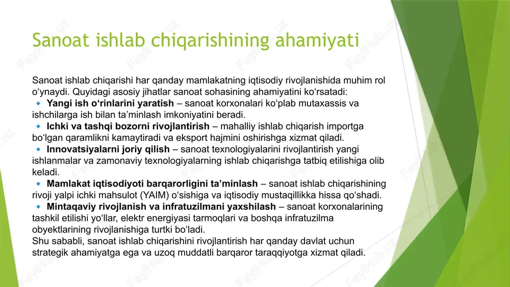 oqlarini yaxshilash va yangi texnologiyalarni joriy etish. 🔹 neft-gaz sanoatini rivojlantirish – yangi qazib olish usullari va energiya manbalarini diversifikatsiya qilish.  bu islohotlar energetika sohasining barqaror rivojlanishi va ekologik toza energiya tizimlariga o‘tish uchun muhim hisoblanadi. ishlab chiqarishning ekologik ta’siri va barqaror rivojlanish  🔹 ekologik toza texnologiyalarni joriy etish – chiqindilarni kamaytirish, chiqindilarni qayta ishlash va ekologik zararni minimallashtirish. 🔹 qayta tiklanadigan energiya manbalaridan foydalanish – quyosh, shamol, gidroenergiya kabi energiya manbalariga o‘tish. 🔹 atrof-muhitni muhofaza qilish – sanoat korxonalarining ekologik ta’sirini kamaytirish uchun ekologik standartlarga rioya qilish. 🔹 barqaror ishlab chiqarish tizimlarini yaratish – resurslarni tejash, energiya va suvni samarali ishlatish.  barqaror rivojlanish asosida sanoatning ekologik ta’sirini kamaytirish va kelajak uchun toza va xavfsiz atrof-muhitni ta’minlash muhimdir. sanoat sohasidagi xalqaro tajriba 🔹 xitoy – sanoatning kengayishi uchun investitsiyalarni jalb qilish va yuqori texnologiyali ishlab chiqarishga asoslangan iqtisodiy model. 🔹 germaniya – sanoat 4.0 konsepsiyasi, avtomatlashtirish va …