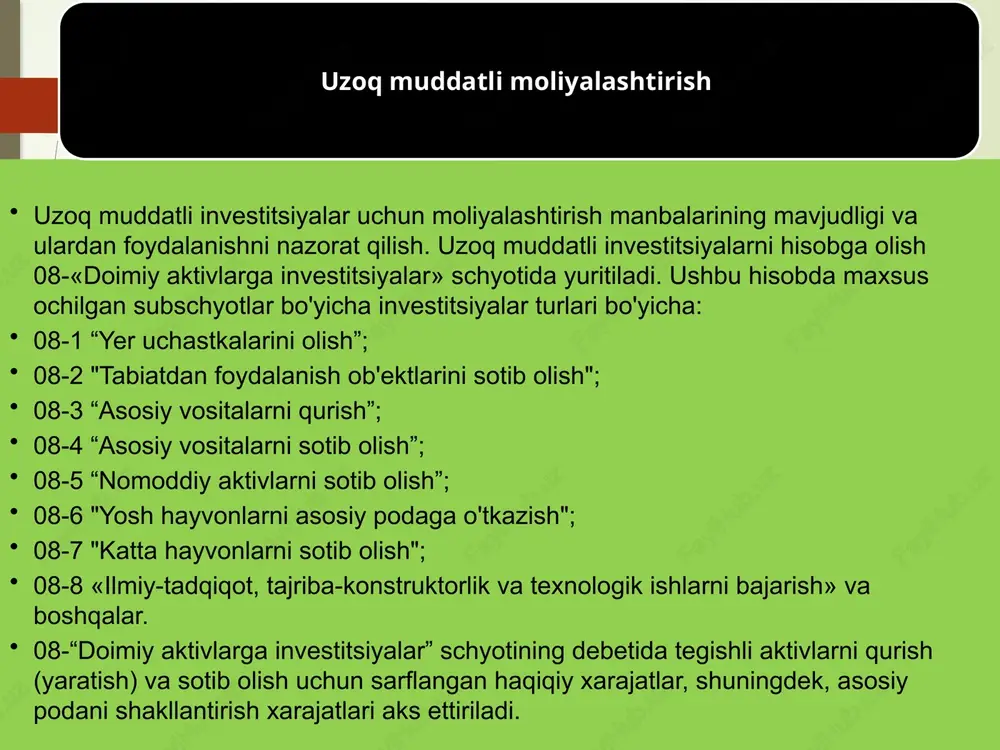 k darajasini oshiradi. bir nechta obyektlarga investitsiya qilish xavfsizlikni oshirishga yordam beradi. inflatsiya qarshi to'g'ri kelish: uzoq muddatli moliyalashtirish inflatsiyaga qarshi to'g'ri kelsa, moliyaviy xavfsizlikni ta'minlash va mablag'lar ustida daromad olish imkoniyatini yaratadi. 8 kapitalni oshirish: uzoq muddatli moliyalashtirish, kapitalni oshirish va uzun muddatda mablag'larni moliyalashtirish imkoniyatini beradi. bu esa daromad ortishining potentsialini yuqori qiladi. moliyalashtiruv protsessi: uzoq muddatli moliyalashtirish mablag'lar uchun ko'p masofali yoki ko'p muddatli investitsiya qilishning o'rtasidagi moliyalashtiruvni ta'minlash imkoniyatini o'z ichiga oladi. uzoq muddatli moliyalashtirish moliyalashtiruvning mohiyatini daromad ortishi, moliyaviy xavfsizlikni ta'minlash, va uzun muddatda kapitalni oshirish imkoniyatlarini beradi. bu mohiyat investitsiyalar va moliyalashtirishni uzun muddatli moliyaviy maqsadlarga erishishning bir vositasi sifatida hisoblanadi. uzoq muddatli moliyalashtirishda moliyaviy mablag‘lar qayerdan olingan bo‘ladi? uzoq muddatli moliyalashtirish uchun moliyaviy mablag'lar odatda bir nechta manbalardan olingan bo'lishi mumkin. bu manbalar moliyaviy investitsiyalar, mablag'lar, yoki resurslarni o'z ichiga oladi va uzun muddatda daromad yaratish imkoniyatini ta'minlaydi. quyidagi manbalar uzoq muddatli moliyalashtirish …