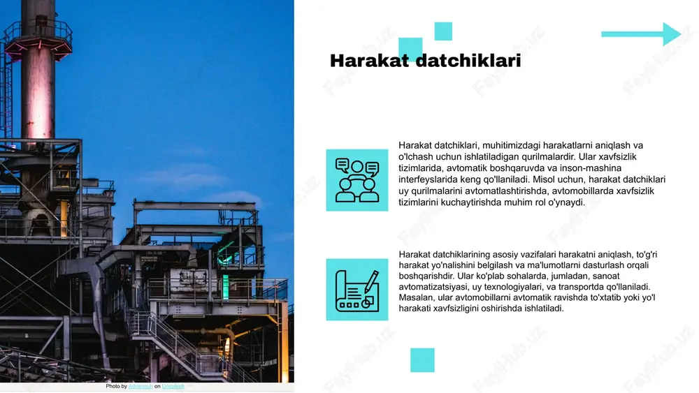 sh uchun ishlatiladi. masalan, mobil ilovalar orqali foydalanuvchilar datchiklar orqali olingan ma'lumotlarni kuzatish va boshqarish imkoniyatiga ega bo'lishadi. photo by adrienguh on unsplash https://unsplash.com/@adrienguh?utm_source=ai_slide_maker&utm_medium=referral https://unsplash.com/photos/photography-of-black-metal-industrial-factory-wvagvtn3ggk?utm_source=ai_slide_maker&utm_medium=referral harakat datchiklariga asoslangan dasturiy ta'minot komponentlari dasturiy ta'minot komponentlari harakat datchiklari bilan bog'liq bo'lib, ularning samarali ishlashi uchun zarur. 1. kod: dasturiy ta'minotning asosiy qismi bo'lib, u datchiklardan olingan ma'lumotlarni qayta ishlash va analiz qilish uchun dasturlash tillarida yoziladi. 2. ma'lumotlar bazasi: ushbu komponent harakat datchiklaridan olingan ma'lumotlarni saqlash uchun ishlatiladi. bu ma'lumotlar datchiklarning ishlashini tahlil qilishda va statistik ma'lumotlar olishda muhim ahamiyatga ega. 3. foydalanuvchi interfeysi: foydalanuvchilar bilan dastur o'rtasidagi o'zaro aloqa shartlarini belgilaydi. interfeys intuitiv bo'lishi kerak, shunda foydalanuvchilar datchik ma'lumotlarini samarali tarzda boshqarishlari mumkin. asosiy komponentlar - kod: dasturiy ta'minotning mantiqiy qismi. - ma'lumotlar bazasi: datchik ma'lumotlarini saqlash va boshqarish. - foydalanuvchi interfeysi: foydalanuvchilar bilan interaktiv aloqa. dasturiy ta'minot jarayonlari dasturiy ta'minot jarayoni harakat datchiklarini boshqarishda muhim ahamiyatga ega. ushbu jarayon quyidagi …