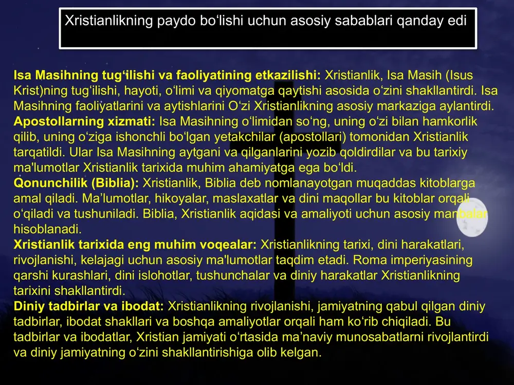 -guzorlik bildirish. xristianlikning o zi haqida o rganish uchun, biblia, diniy o qishlar, diniy muzeylar, ʻ ʻ ʻ diniy marosimlar va xristianlik tarixi boyicha qo llanmalar foydalanish mumkin. ʻ bundan tashqari, diniy liderlarning va diniy jamaatlarining maqolalari, ko ngilli ʻ xodimlar bilan muloqotlar ham yordam beradi. xristianlikda muqaddas kitoblar va ularning ahamiyati xristianlikning muqaddas kitoblaridan biri, biblia, diniy hayotning asosiy manbalaridan biri hisoblanadi. biblia, xristianlik jamiyatida muqaddas hisoblanadi va uning ahamiyati juda yuqori hisoblanadi. bu kitob, iki asosiy qismga bo linadi: qadimgi testament va ʻ yangi testament. qadimgi testament: bu hissada, yahudiy dini tarixi, peyg amlik va i̇srail xalqining tarixi ʻ bayon qilinadi. burada musa tavratini, davud va solomon psalmlarini, i̇saia va yeremiya kitoblari kiritilgan. yangi testament: bu qismda isa masih va uning o ziga ishonchli yetakchilari ʻ tomonidan yozilganlar hisoblanadi. bu hissada isa masihning hayoti, aytishlari, faoliyati, o limi, dirilishi va talimoti ko rsatilgan.ʻ ʻ muqaddas kitoblar, xristianlikning dini …