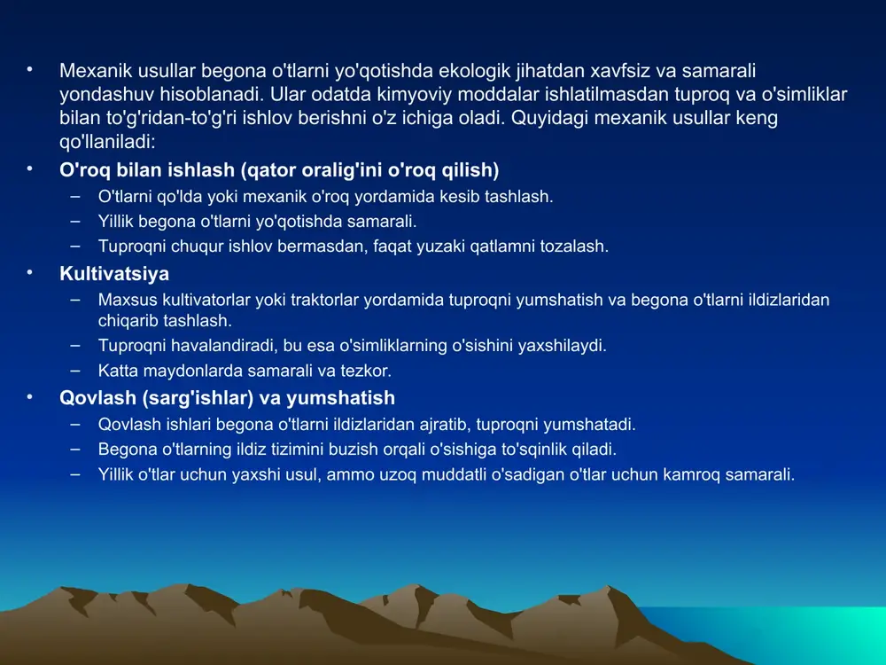 ali bo'lib, kam mablag' sarflanadi. • biologik xilma-xillikni saqlash: dbms tizimlari yordamida o'rmonning florasi va faunasining holati doimiy ravishda kuzatiladi. tizimga kiritilgan ma'lumotlar asosida o'rmon turlarining soni, o'sish tezligi, ekologik ta'sir va boshqa parametrlar tahlil qilinadi. bu biologik xilma-xillikni saqlashga yordam beradi, chunki tizim o'rmon ekosistemasining muvozanatini saqlash uchun zarur choralarni ko'rish imkonini beradi. • zararkunandalar va kasalliklarga qarshi kurash: o'rmonlardagi zararkunanda va kasalliklarni aniqlash va ularga qarshi kurashish uchun dbms tizimlari zarur ma'lumotlarni to'playdi. tizimga kiritilgan o'rmonning holati, zararkunandalar va kasalliklar haqidagi ma'lumotlar real vaqtda tahlil qilinadi. bu esa zararkunandalarga qarshi samarali kurashish va kasalliklarning tarqalishini oldini olish uchun tezkor qarorlar qabul qilish imkonini beradi. • kimyoviy usullarning ijobiy tomonlari: • tezkor va samarali natijalar: – kimyoviy ishlov berish usullari begona o'tlarni qisqa vaqt ichida yo'q qilish imkonini beradi. bu usul ayniqsa, katta maydonlarda samarali va qulaydir. • keng qamrovli ta'sir: – gerbitsidlar faqat begona o'tlarga ta'sir qiladi, bu …