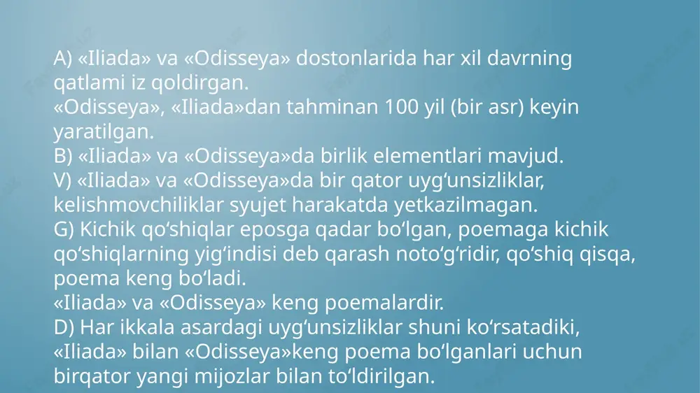 royani qamal holda saqlagan greklar o‘ninchi yilda uni qo‘lga oladilar. • troyali paris axillesni o‘ldirgach, (uning tovonidan o‘q bilan o‘ldiradi). axilles tovoni degan so‘z shundan qolgan. odissey boshliq greklar bir xiyla ishlatadi. greklar go‘yoki chekingan kabi orqaga ketib, u yerda ot qoldiradilar. troyaliklar greklar yengildilar, deb yog‘och otni g‘alaba yodgorligi sifatida saroyga olib keladilar. jiaokoon degan kishi bunga qarshi turganda, daryodan ajrarxon chiqib, uni bo‘g‘ib uloqtiradi. yog‘och otni troya shaxri ichkariga olib kirib qo‘yadilar. kechasi uning ichidan greklar chiqib, saroy darvozasini ochadi-lar va troyani yengadilar. urushdan so‘ng grek qaxramonlari o‘z vatanlariga qaytadilar. ularning ko‘plari yo‘lda xalok bo‘lib ketadi, ba’zilari uzoq yillardan co‘ng vatanlariga qaytib keladilar. shundaylardan biri qaxramon odissey edi. agar illiadada troya urushi tasvirlansa, «odisseya»da grek qaxramonlarning o‘z vatanlariga qaytishlari va dengiz sarguzashtlari va shu bilan birga oila dramasi ko‘rsatiladi. odissey 10 yillik troya urushida bo‘lgan davrda uning saroyini «oshiqlar» egallaydi va uning xotini penelopani, sen endi erga chiq …