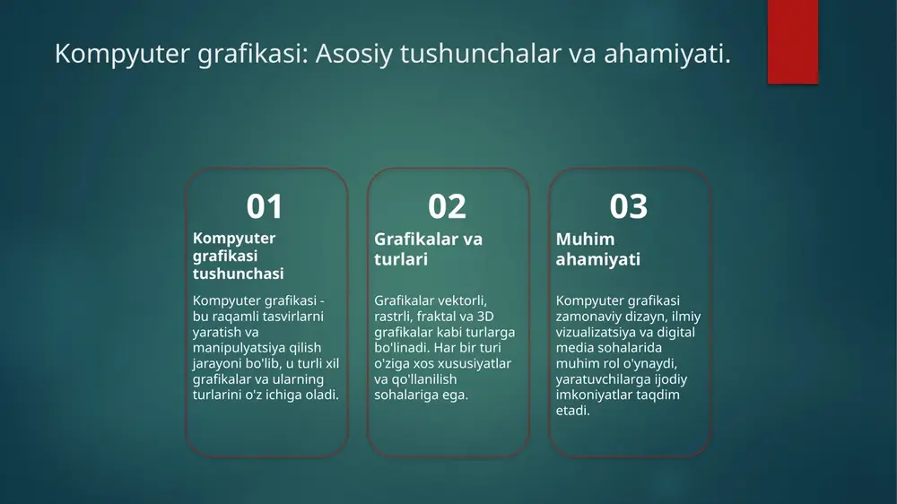 alanish imkoniyatlari vektorli grafikalar biznesda, reklama va san'atda keng qo'llaniladi. ular yuqori aniqlikni ta'minlab, keng ko'lamli dizayn imkoniyatlarini yaratadi. vektorli grafikalar va ularning foydalanuvchilar uchun afzalliklari. 1 vektorli grafikalar turlari - vektorli grafikalar, chiziqlar va shaklning matematik ifodalaridan tashkil topgan bo'lib, yuqori sifat va aniq ko'rinish taklif qiladi. 2 o'lchov va sifat - vektorli grafikalar, kengaytirilganda ham sifatni yo'qotmaydi, bu esa ularni logotiplar va dizayn uchun ideal qiladi. 3 foydalanish qulayligi - vektorli grafikalar, turli dasturlarda osonlik bilan tahrirlanadi va ko'p joylarda, masalan, reklama va internetda qo'llaniladi. vektorli grafikalar: biznes va marketingda qo'llanilishi. 1 vektorli grafikalar: afzalliklari vektorli grafikalar yuqori sifat va aniqlikni ta'minlaydi, shu sababli reklamalar va brend dizaynida keng qo'llaniladi. 2 marketingda qo'llanish vektorli grafikalar marketing materiallari, logotiplar va bannerlar uchun mos keladi, chunki ularni osonlik bilan o'lchamlarini o'zgartirish mumkin. 3 misollar va natijalar misol uchun, mashhur brendlar vektorli grafikalarni o'z logotiplarida ishlatib, reklama kampaniyalarida bir xil ko'rinishni …