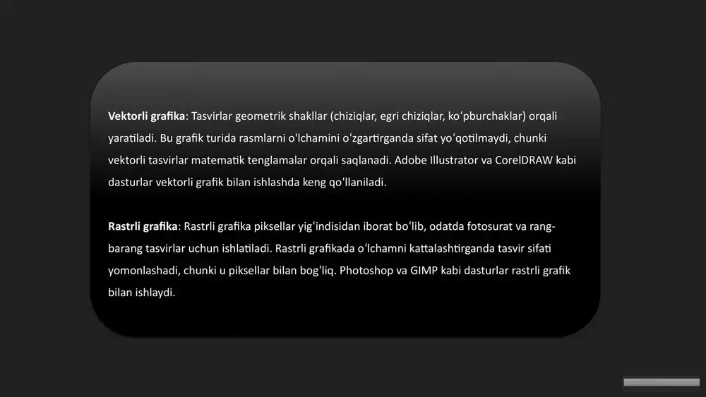 4). computer graphics with opengl. new jersey: pearson. 3. sakas, g., & schr der, u. (2018). raster graphics and beyond: techniques for ö visualization and design. berlin: springer. 4. peitgen, h.-o., j rgens, h., & saupe, d. (2004). chaos and fractals: new frontiers of ü science. new york: springer. https://gamma.app/?utm_source=made-with-gamma e'tiboringiz uchun rahmat! https://gamma.app/?utm_source=made-with-gamma slide 1 slide 2 slide 3 slide 4 slide 5 slide 6 slide 7 slide 8 slide 9 slide 10 slide 11 slide 12 slide 13 slide 14 slide 15 slide 16
