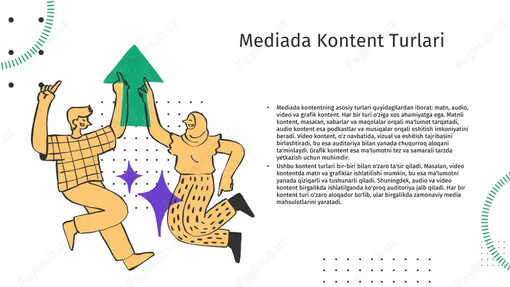 i tezda yangilash va tarqatish imkoniga ega bo'lishadi. an'anaviy media mahsulotlarining afzalliklari ishonchlilik: an'anaviy media mahsulotlari ko'pincha tajribali mutaxassislar tomonidan tayyorlanadi, bu esa ularning ishonchli va sifatli bo'lishini ta'minlaydi. an'anaviy tajriba: ushbu mahsulotlar ko'p yillik tajriba va an'analarga asoslangan bo'lib, auditoriyaga o'z qadr-qimmatini his qiladi. ko'p yillik tarix: an'anaviy media mahsulotlari tarixiy kontekstdan kelib chiqqan holda, jamiyatda muhim o'rin egallaydi va madaniyatni shakllantiradi. statistika: masalan, 2020 yilda an'anaviy media mahsulotlarining 65% iste'molchilar tomonidan ishonchli deb topilgan. umumiy xulosa • raqamli va an'anaviy media mahsulotlari o'rtasidagi farqlar va o'xshashliklar muhimdir. raqamli media mahsulotlari tezkor tarqatish, interaktivlik va analitik imkoniyatlar bilan ajralib turadi. an'anaviy media esa keng auditoriyaga yetishish va o'rnatilgan ishonchga ega. ushbu ikki tur o'rtasidagi bog'liqliklar kelajakda media strategiyalarini shakllantirishda muhim rol o'ynaydi. raqamli media rivojlanishi davomida an'anaviy media ham o'zgarishlarga uchraydi, bu esa yangiliklarni tarqatishda yangi tendensiyalarga olib keladi. media mahsulotlarining turlari turli media mahsulotlari matbuot, televidenie, radio va …
