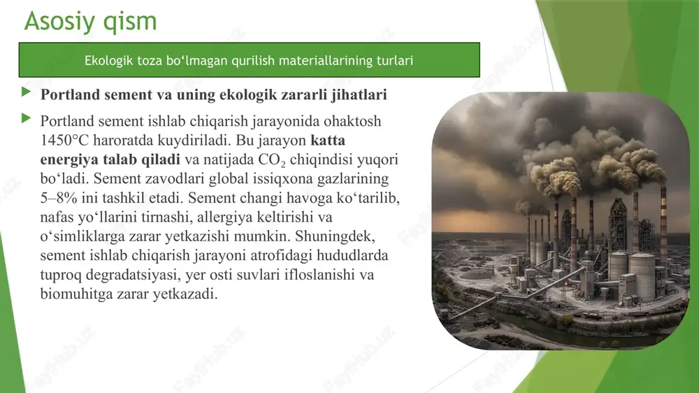 aror qurilish jamiyat salomatligi, atrof-muhitni asrash va resurslardan oqilona foydalanishni ta’minlaydi. foydalanilgan adabiyot 1. gost va o'zdst qurilish materiallari standartlari. 2. “ekologicheskie aspekti stroitelstva”, m., 2021. 3. “building materials and environment”, oxford press, 2020. 4. breeam, leed ekologik qurilish standart hujjatlari. 5. sement va beton texnologiyasi bo‘yicha ilmiy maqolalar. 6. plastmassalar ekologiyasi (monografiya), toshkent, 2020. slide 1 reja: kirish asosiy qism slide 5 plastmassa va pvc asosidagi qurilish materiallari slide 7 slide 8 slide 9 slide 10 slide 11 slide 12 slide 13 slide 14 slide 15 xulosa foydalanilgan adabiyot