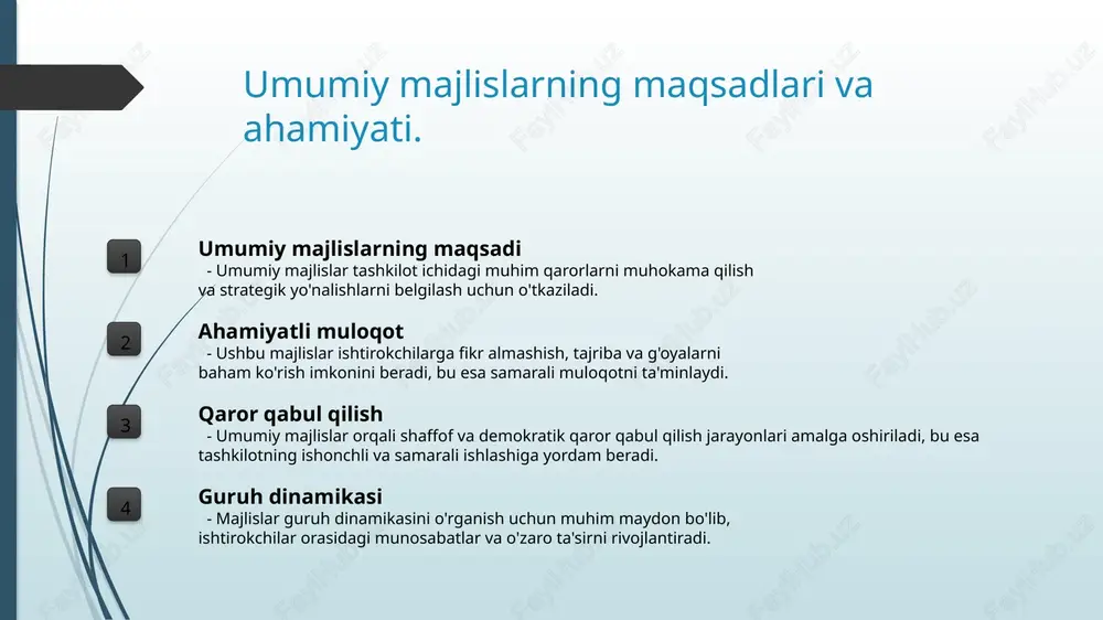chaytiradi va noaniqliklarni kamaytiradi. 3 muammolarni hal qilish samimiy va ochiq suhbatlar, muammolarni tezda aniqlash va hal qilishda yordam beradi. bu, jamoaviy qaror qabul qilish jarayonini osonlashtiradi. shaxsiy suhbatlar va qaror qabul qilish jarayonlari. 1 shaxsiy suhbatlarning roli shaxsiy suhbatlar ishtirokchilar o'rtasida ishonch va ochiqlikni oshiradi, bu esa qaror qabul qilish jarayonida muhim ahamiyatga ega. 2 qaror qabul qilish jarayoni shaxsiy suhbatlar orqali fikrlar almashish va muhokama qilish qarorlarni yaxshilaydi, bu esa guruh dinamikasini kuchaytiradi va samaradorlikni oshiradi. 3 muloqotning madaniy xususiyatlari o'zbekistonda shaxsiy suhbatlarda madaniy kontekst qaror qabul qilish jarayonlariga ta'sir qiladi, bu esa an'analar va qadriyatlar bilan bog'liq muhim omil hisoblanadi. madaniy kontekstda shaxsiy suhbatlarning ahamiyati. 1 shaxsiy suhbatlar va madaniyat shaxsiy suhbatlar madaniyatni aks ettiradi, muloqot uslublari va qadriyatlar orqali insonlar o'rtasida ijtimoiy bog'lanishlarni kuchaytiradi. 2 o'zaro tushunish shaxsiy suhbatlar orqali o'zaro tushunish va empatiya rivojlanadi, bu esa turli madaniyatlar o'rtasidagi aloqalarni mustahkamlashga yordam beradi. 3 qaror …