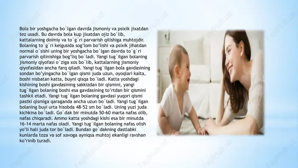 ydi. bola buyumlarni ikki qo'li bilan ushlay oladi, ularni harakatlantiradi, qutilarni ochadi va yopadi. kattalar bilan muloqotga kirishadi, o'ziga yaqin kishilarni taniydi va ular bilan muloqotga intiladi. bola turli ohangdagi musiqani his qila boshlaydi, kuladi, chapak chaladi va raqsga tushadi. harakat ko'nikmalari emaklay oladi, tura oladi, birinchi qadamlarini qo'yadi qo'l motorikasi buyumlarni ikki qo'li bilan ushlaydi, harakatlantiradi ijtimoiy ko'nikmalar kattalar bilan muloqotga kirishadi, tanish odamlarni ajrata oladi hissiy rivojlanish musiqani his qiladi, kuladi, chapak chaladi, raqsga tushadi 10 ilk yoshli bolalar ta'lim-tarbiyasining o'ziga xos xususiyatlari ilk yoshdagi bolalar ta'lim-tarbiyasida asosiy e'tibor ularning sog'lig'ini mustahkamlash, jismoniy rivojlanishini ta'minlash va asosiy harakat ko'nikmalarini shakllantirishga qaratiladi. bu davrda bolalarda emaklash, yurish, yugurish kabi asosiy harakatlar rivojlantiriladi. shuningdek, mayda motorika va sensomotorika rivojlantiriladi - bolalar kichik buyumlar bilan ishlashni, qalam ushlab chizishni o'rganadilar. madaniy-gigiyenik malakalar shakllantiriladi: bolalar qo'l yuvish, ovqatlanish, kiyinish kabi o'z-o'ziga xizmat ko'nikmalarini egallaydilar. jismoniy rivojlanish asosiy harakatlarni o'zlashtirish mayda motorika qo'l …