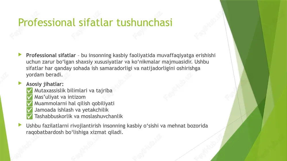 i rivojlantirishiga yordam beradi. ✅ jamoada va jamiyatda muvaffaqiyat qozonishiga xizmat qiladi. ✅ ishdagi samaradorlik va hayotdagi muvaffaqiyatga ta’sir ko‘rsatadi.  📌 muhim shaxsiy sifatlar: 🔸 o‘zini o‘zi boshqarish va intizom 🔸 muloqot qobiliyati va ochiqlik 🔸 ijodiy fikrlash va moslashuvchanlik 🔸 tashabbuskorlik va mas’uliyat  shaxsiy sifatlarni doimiy ravishda rivojlantirish insonning har tomonlama muvaffaqiyatli bo‘lishiga yordam beradi. 🌱💡 shaxsiy sifatlarning asosiy turlari  shaxsiy sifatlar insonning xarakteri va kasbiy faoliyatidagi muvaffaqiyatiga bevosita ta’sir qiladi. quyidagi asosiy shaxsiy sifatlar har qanday sohada muhim ahamiyatga ega:  🔹 o‘zini o‘zi boshqarish – vaqtni to‘g‘ri taqsimlash, his-tuyg‘ularni nazorat qilish va o‘z oldiga qo‘yilgan maqsadlarga intilish.  🔹 kommunikativlik – samarali muloqot qilish, fikrlarni aniq ifodalash va jamoada o‘zaro tushunishni ta’minlash.  🔹 liderlik qobiliyati – tashabbuskor bo‘lish, boshqalarni ilhomlantirish va jamoani umumiy maqsadlarga yetaklash.  🔹 ijodiy fikrlash – yangicha g‘oyalar yaratish, nostandart yondashuvlarni topish va innovatsiyalarni qo‘llash.  🔹 moslashuvchanlik – …