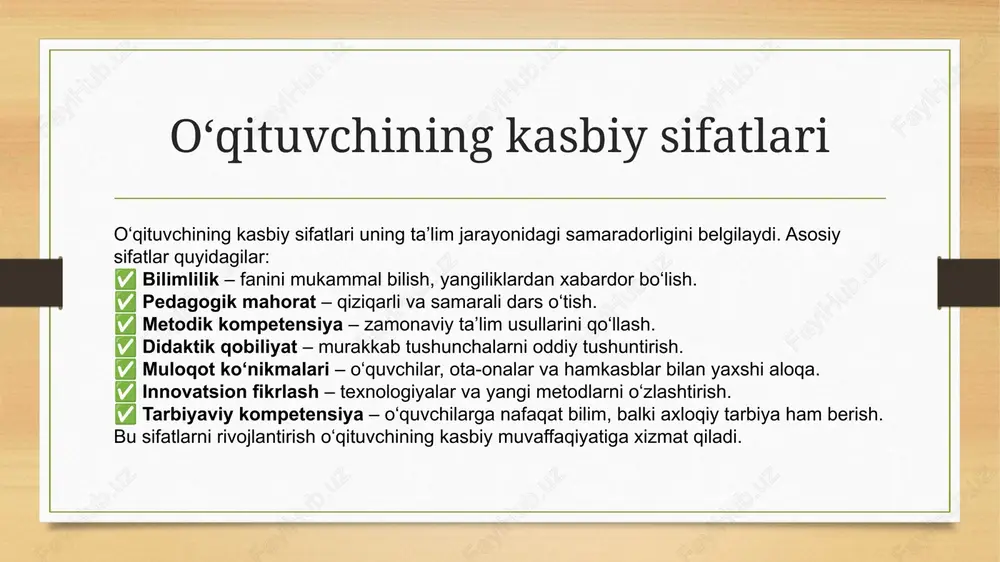 yaratishda yordam beradi. liderlik va tashabbuskorlik zamonaviy o‘qituvchi nafaqat bilim beruvchi, balki jamoani ilhomlantiruvchi lider ham bo‘lishi kerak. 🔹 yetakchilik qobiliyati – o‘quvchilar va hamkasblarga ijobiy ta’sir ko‘rsatish. 🔹 tashabbuskorlik – yangi g‘oyalar ilgari surish va ularni amalga oshirish. 🔹 mas’uliyat – qaror qabul qilish va natijalarga javobgarlikni his qilish. 🔹 motivatsiya berish – o‘quvchilarni o‘qishga va rivojlanishga ilhomlantirish. 🔹 muammolarni hal qilish – muhim masalalarga ijodiy va samarali yechim topish. liderlik va tashabbuskorlik o‘qituvchining ta’lim jarayonida yetakchi bo‘lishiga va innovatsiyalarni joriy etishga yordam beradi. moslashuvchanlik va zamonaviy muammolar yechimi tez o‘zgarayotgan dunyoda o‘qituvchi moslashuvchan va muammolarni hal qilish qobiliyatiga ega bo‘lishi lozim. 🔹 o‘zgarishlarga moslashish – yangi ta’lim texnologiyalari va metodlarni tez o‘zlashtirish. 🔹 innovatsion fikrlash – muammolarga ijodiy yondashish va samarali yechim topish. 🔹 muammolarni hal qilish – o‘quv jarayonida duch keladigan qiyinchiliklarga mos strategiya ishlab chiqish. 🔹 stressga chidamlilik – noaniq va qiyin vaziyatlarda xotirjam bo‘lish. 🔹 …