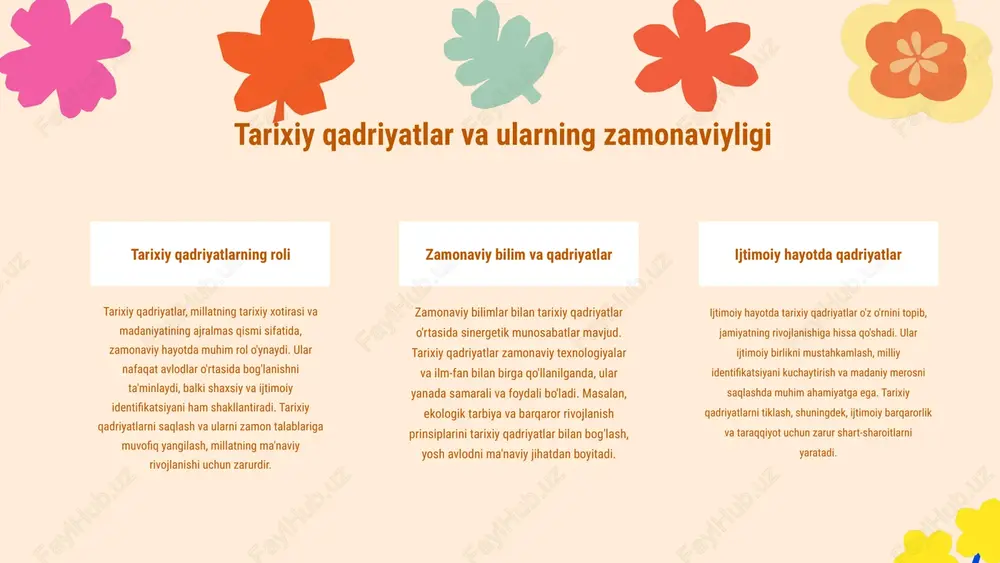 odlari, interaktiv usullar va ko rgazmali ‘ ta lim kabi innovatsion ’ yondashuvlarni o z ichiga oladi. bu ‘ metodlar talabalarning faol ishtirokini ta'minlaydi va ularning o rganish jarayonini yaxshilaydi.‘ milliy qadriyatlar bilan bog'liqlik ushbu zamonaviy usullar milliy tarbiyaviy qadriyatlarni tiklashda va modernizatsiya qilishda muhim rol o ynaydi. ular orqali talabalarga ‘ o zbekistonning madaniy merosi ‘ va qadriyatlari haqida chuqur tushuncha beriladi, bu esa ularni o z vataniga bo lgan hurmatini ‘ ‘ oshiradi. statistik ma lumotlar’ o zbekiston ta lim tizimida ‘ ’ zamonaviy metodlar qo llanilishi ‘ 2022-yilga kelib 70% dan oshdi. bu ko rsatkich ta'lim sifatini oshirish ‘ va milliy qadriyatlarni yosh avlodga etkazish uchun muhim ahamiyatga ega. integratsiya jarayoni zamonaviy pedagogik usullarni milliy qadriyatlar bilan birlashtirish jarayoni ta'lim tizimida muhim ahamiyatga ega. integratsiya jarayoni ta'lim sifatini oshirish, talabalarning ijodkorligini va motivatsiyasini kuchaytirishga yordam beradi. o'zbek ta'lim tizimida "milliy qadriyatlar orqali ta'lim" dasturi, milliy qadriyatlarni zamonaviy …
