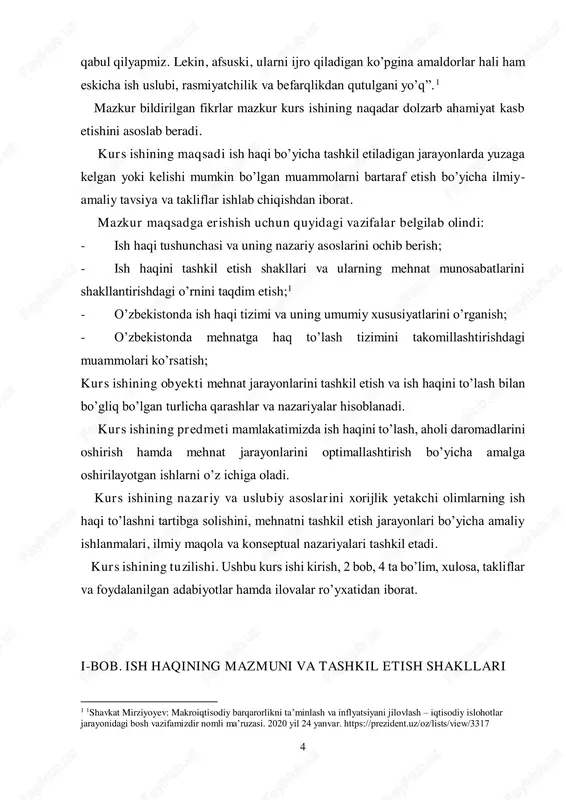iga olib keladi. aktsiyadorlik nazariyasi : o jon steysi adams tomonidan ishlab chiqilgan tenglik nazariyasi xodimlarning tashkilot ichidagi boshqalarga (ichki tenglik) va boshqa tashkilotlardagi o'xshash rollarga (tashqi tenglik) nisbatan o'z maoshlarida adolatga intilishlarini taklif qiladi. tengsizlik hissi motivatsiya, ishdan qoniqish va xodimlarni ushlab turishga ta'sir qilishi mumkin. kompensatsiya nazariyasi : 1. 2 abdullaev, u., & egamberdiev, a. (2021). o'zbekiston respublikasi ish haq-pulini tartibga solishning dolzarb qonuniy asoslari. 6 o ichki izchillik : bu jihat ish haqining turli ishlarning nisbiy qiymatini aks ettiruvchi tashkilot ichida mantiqiy tuzilganligini ta'minlaydi. ishni baholash usullari ko'pincha ichki izchillikni aniqlash uchun ishlatiladi. o tashqi raqobatbardoshlik : tashkilotning ish haqi tuzilmasi iste'dodlarni jalb qilish va saqlab qolish uchun bozor bilan raqobatbardosh bo'lishini ta'minlaydi. ish haqini o'rganish va sanoat standartlari bilan taqqoslash keng tarqalgan amaliyotdir. motivatsiya nazariyalari : o maslouning ehtiyojlar ierarxiyasi : ish haqi xodimlarning asosiy ehtiyojlarini (fiziologik va xavfsizlik ehtiyojlari) qondirishga yordam beradi va yuqori darajadagi …
