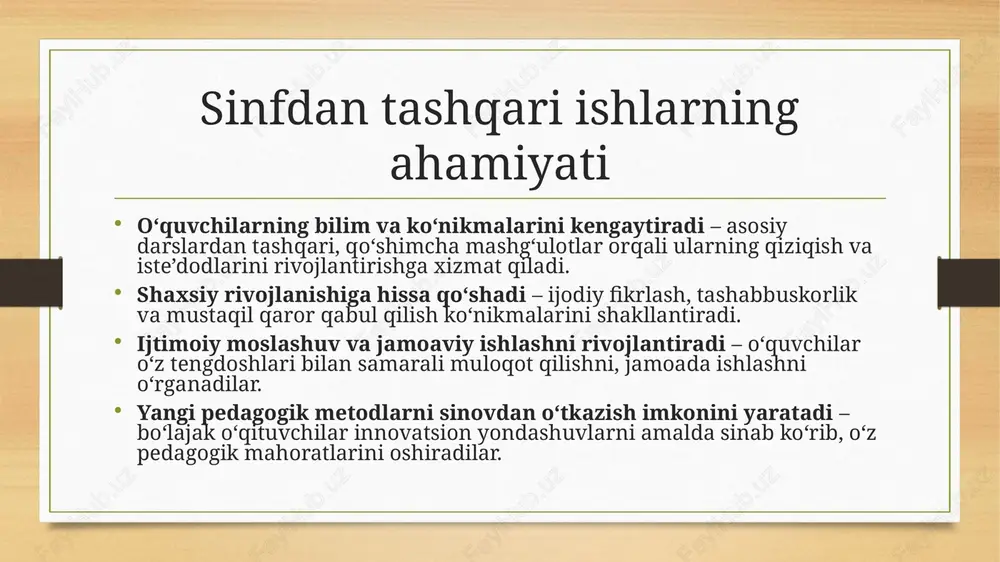 iy mashg‘ulotlar orqali o‘quvchilarga sog‘lom hayot tamoyillari o‘rgatiladi. • 🚴 turli jismoniy faollik turlari – yugurish, velosport, yoga, sayr qilish, tabiat qo‘ynida yurish (ekskursiyalar) kabi tadbirlarni tashkil etish orqali o‘quvchilarning harakatchanligini oshirish va ularning salomatligini mustahkamlash. ekologik tadbirlar • 🌍 tabiatni muhofaza qilish aksiyalari – daraxt ekish, chiqindilarni saralash, suv va energiya tejash bo‘yicha amaliy tadbirlar. o‘quvchilar ekologik ong va mas’uliyatni shakllantirish maqsadida turli loyihalarda ishtirok etadilar. • 📢 ekologik targ‘ibot ishlari – ekologik muammolar va ularning yechimlari bo‘yicha seminarlar, ma’ruzalar, plakatlar va video roliklar tayyorlash. o‘quvchilar orasida ekologik ongni rivojlantirishga qaratilgan targ‘ibot ishlari olib boriladi. • 🌱 bog‘ va yashil hududlar yaratish – maktab hovlisida yoki jamoat joylarida yashil maydonlar barpo etish, gul va daraxtlar ekish, ularni parvarish qilish orqali tabiatga bo‘lgan mehrni oshirish. ko‘ngilli va xayriya ishlari • 🤝mehribonlik uylari va nogiron bolalar bilan uchrashuvlar – mehribonlik uylariga tashrif buyurish, nogiron bolalar bilan muloqot qilish, ular uchun turli …