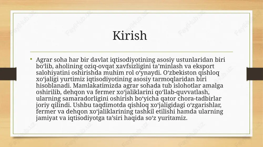 esa turmush darajasining yaxshilanishiga va aholining daromad manbalarining ko‘payishiga xizmat qilmoqda. shu bilan birga, davlat tomonidan qishloq infratuzilmasini rivojlantirishga katta e’tibor qaratilib, yo‘llar, elektr ta’minoti, suv tarmoqlari va boshqa muhim ob’ektlar yangilanmoqda. bu islohotlar natijasida qishloq aholisi uchun qulay yashash va mehnat sharoitlari yaratilmoqda. fermer va dehqon xo‘jaliklarining muammolari • fermer va dehqon xo‘jaliklari rivojlanishida qator muammolar mavjud. yer maydonlarining cheklanganligi ko‘plab tadbirkorlarning faoliyatini kengaytirishda to‘siq bo‘lmoqda. sug‘orish tizimidagi muammolar, jumladan, suv tanqisligi va infratuzilmaning eskirganligi hosildorlikka salbiy ta’sir ko‘rsatmoqda. shuningdek, moliyaviy resurslarga kirish imkoniyatlarining cheklanganligi fermerlarning kredit va subsidiya olishda qiyinchiliklarga duch kelishiga sabab bo‘lmoqda. ushbu muammolarni hal qilish qishloq xo‘jaligining yanada rivojlanishiga xizmat qiladi. muammolarni bartaraf etish bo‘yicha chora-tadbirlar fermer va dehqon xo‘jaliklarini rivojlantirish uchun kredit tizimini soddalashtirish va qo‘llab-quvvatlash muhim ahamiyatga ega. ularning moliyaviy resurslarga kirish imkoniyatlarini kengaytirish uchun imtiyozli kreditlar va subsidiyalar ajratilmoqda. yer va suv resurslaridan samarali foydalanish strategiyasi asosida zamonaviy sug‘orish texnologiyalari joriy etilib, …