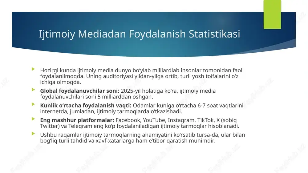 omatlikka zararli ta’siri: kiberbulling jabrlanuvchilarda stress, depressiya, o‘ziga ishonchsizlik va hattoki o‘z joniga qasd qilish xavfini oshirishi mumkin. uzoq muddatli onlayn bosim inson ruhiyatiga kuchli salbiy ta’sir ko‘rsatadi va uning ijtimoiy hayotiga ta’sir qilishi mumkin.  kiberbullingning oldini olish uchun ijtimoiy tarmoqlardagi xavfsizlik sozlamalaridan foydalanish, anonim yoki tajovuzkor foydalanuvchilarni bloklash va huquq-tartibot organlariga murojaat qilish muhimdir. eng asosiysi, jabrlanuvchilarga psixologik yordam ko‘rsatish va bunday muammolarni jiddiy qabul qilish lozim. psixologik bosim va stress  ijtimoiy media ko‘pincha ideal hayot tasvirini yaratib, foydalanuvchilarga ruhiy bosim o‘tkazishi mumkin. ko‘pchilik odamlar ijtimoiy tarmoqlarda boshqalarning muvaffaqiyati, hashamatli turmush tarzi va go‘zal tashqi ko‘rinishlarini ko‘rib, o‘z hayotidan norozilik hissini tuyishi mumkin.  ideal hayot tasviri tufayli depressiya: ijtimoiy tarmoqlarda odamlar o‘z hayotining faqat eng yaxshi tomonlarini ko‘rsatadi. doimiy ravishda bunday "ideal" tasvirlarni ko‘rish natijasida foydalanuvchilarda o‘z hayotlari zerikarli yoki yetarlicha muvaffaqiyatli emasdek tuyulishi mumkin. bu esa depressiya va ruhiy tushkunlikni kuchaytiradi.  o‘zini boshqalar bilan …
