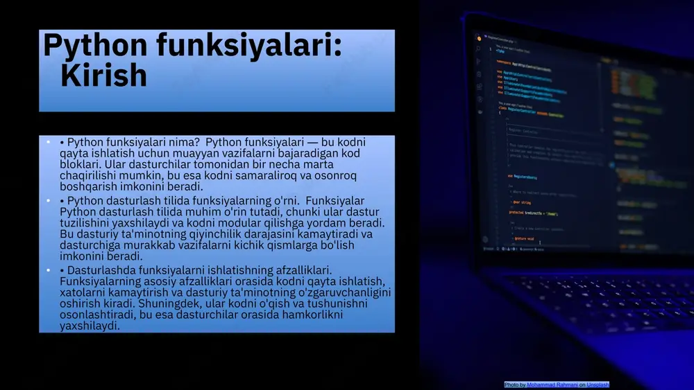 iy turi mavjud: majburiy, ixtiyoriy va kalit so'zli parametrlar. • majburiy parametrlar funksiyaga chaqirilganda ko'rsatilishi shart bo'lgan parametrlar hisoblanadi. masalan, funksiyani yaratishda agar siz majburiy parametrni belgilamasangiz, dastur xato beradi. ixtiyoriy parametrlar esa chaqiruvda berilmasligi mumkin, va agar berilmasa, ularning standart qiymatlari ishlatiladi. kalit so'zli parametrlar esa chaqiruvda parametrning nomi ko'rsatilgan holda beriladi, bu esa kodning o'qilishi va tushunilishini osonlashtiradi. • majburiy va ixtiyoriy parametrlar o'rtasidagi farq shundaki, majburiy parametrlar har doim ko'rsatilishi kerak, ixtiyoriylar esa shart emas. kalit so'zli parametrlar esa o'z nomlari bilan berilishi mumkin, bu esa kodni tushunishni osonlashtiradi va parametrlarni tartibga solishda yordam beradi. photo by mohammad rahmani on unsplash https://unsplash.com/@afgprogrammer?utm_source=ai_slide_maker&utm_medium=referral https://unsplash.com/photos/black-laptop-computer-turned-on-displaying-blue-screen-n5bt5rctfz8?utm_source=ai_slide_maker&utm_medium=referral majburiy parametrlar majburiy parametrlar haqida python dasturlash tilida majburiy parametrlar funksiyaning chaqirilishi vaqtida berilishi shart. agar majburiy parametrlar berilmasa, dastur xato xabarini ko'rsatadi va bajarilishi to'xtaydi. bu parametrlar funksiyaning to'g'ri ishlashi uchun zarur bo'lgan ma'lumotlarni ta'minlaydi. misol: def salom ber(ism):_ print(f'salom, {ism}!') salom ber('ali') …