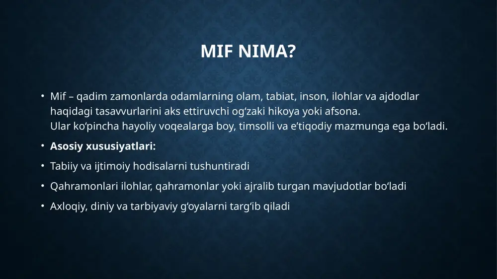 amon va ilohlar bor. • asosiy obrazlar: • pan ku — olam yaratuvchisi, • nyuva — insonlarni yaratgan xudoy, • shen nong — qishloq xo‘jaligi va tibbiyot asoschisi, • jadi xudo — oliy iloh. • xitoy mifologiyasida doimiy muvozanat va uyg‘unlik — yin va yang tushunchalari muhim ahamiyatga ega. yaponiya mifologiyasi (qisqaroq matn) • yaponiya mifologiyasi — qadimgi yapon xalqlarining ilohiy qahramonlari, tabiat kuchlari va ruhlari haqidagi afsonalar to‘plami. • asosiy ilohlar: • amaterasu — quyosh xudosi, eng muhim iloh, • susanoo — yomg‘ir va dengiz ilohi, • tsukuyomi — oy ilohi. • yaponiya mifologiyasida tabiat va ruhlar bilan uyg‘unlik, shinto dini asoslari muhim o‘rin tutadi. afrika mifologiyasi (qisqaroq matn) • afrika mifologiyasi — turli qit’a xalqlarining rang-barang afsonalari va e’tiqodlaridan iborat. asosan tabiat, ajdodlar ruhlari va hayot sikli haqida hikoya qiladi. • asosiy ilohlar va timsollar har bir qabila uchun o‘ziga xos. ko‘plab miflarda jannat, dunyo boshlandi va ajdodlar …
