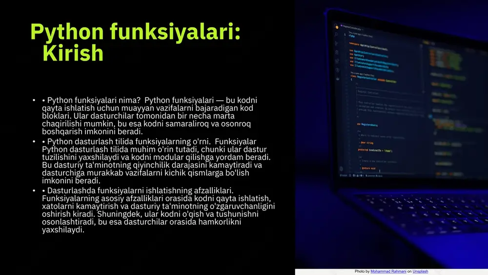 iy turi mavjud: majburiy, ixtiyoriy va kalit so'zli parametrlar. • majburiy parametrlar funksiyaga chaqirilganda ko'rsatilishi shart bo'lgan parametrlar hisoblanadi. masalan, funksiyani yaratishda agar siz majburiy parametrni belgilamasangiz, dastur xato beradi. ixtiyoriy parametrlar esa chaqiruvda berilmasligi mumkin, va agar berilmasa, ularning standart qiymatlari ishlatiladi. kalit so'zli parametrlar esa chaqiruvda parametrning nomi ko'rsatilgan holda beriladi, bu esa kodning o'qilishi va tushunilishini osonlashtiradi. • majburiy va ixtiyoriy parametrlar o'rtasidagi farq shundaki, majburiy parametrlar har doim ko'rsatilishi kerak, ixtiyoriylar esa shart emas. kalit so'zli parametrlar esa o'z nomlari bilan berilishi mumkin, bu esa kodni tushunishni osonlashtiradi va parametrlarni tartibga solishda yordam beradi. photo by mohammad rahmani on unsplash https://unsplash.com/@afgprogrammer?utm_source=ai_slide_maker&utm_medium=referral https://unsplash.com/photos/black-laptop-computer-turned-on-displaying-blue-screen-n5bt5rctfz8?utm_source=ai_slide_maker&utm_medium=referral majburiy parametrlar majburiy parametrlar haqida python dasturlash tilida majburiy parametrlar funksiyaning chaqirilishi vaqtida berilishi shart. agar majburiy parametrlar berilmasa, dastur xato xabarini ko'rsatadi va bajarilishi to'xtaydi. bu parametrlar funksiyaning to'g'ri ishlashi uchun zarur bo'lgan ma'lumotlarni ta'minlaydi. misol: def salom ber(ism):_ print(f'salom, {ism}!') salom ber('ali') …