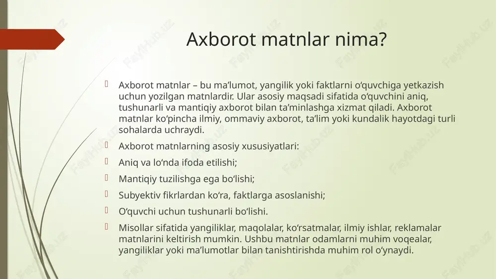 o‘rib chiqing.  o‘qiganlaringizni amaliyotda qo‘llang: olingan ma’lumotlarni kundalik hayotda yoki o‘rganish jarayonida qo‘llashga harakat qiling.  ushbu maslahatlar axborot matnlarni yaxshi tushunish va undan samarali foydalanishga yordam beradi. xulosa  axborot matnlar zamonaviy hayotimizda muhim o‘rin tutadi, chunki ular bizga yangi bilimlar, yangiliklar va zarur ma’lumotlarni taqdim etadi. axborot matnlar bilan to‘g‘ri ishlash qobiliyati – bu har bir inson uchun zarur ko‘nikma bo‘lib, matnlarni tahlil qilish, asosiy fikrlarni ajratish va tanqidiy fikrlashni rivojlantirishga yordam beradi. media madaniyat esa bizga axborotni ongli ravishda qabul qilish, manipulyatsiyadan himoyalanish va axborot sohasida xavfsizligimizni ta’minlash imkonini beradi. shunday qilib, axborot matnlar bilan ishlash va media madaniyatni rivojlantirish — zamonaviy jamiyatda muvaffaqiyatli va bilimli bo‘lishning kalitidir. foydalanilgan adabiyotlar 1. abdullayeva, n. (2019). axborot matnlar bilan ishlash metodikasi. toshkent: o‘qituvchi nashriyoti. 2. karimov, s. (2020). media madaniyat asoslari. toshkent: fan va texnologiya. 3. islomov, d. (2018). o‘zbek tilida axborot matnlarni tahlil qilish. toshkent: universitet nashriyoti. …
