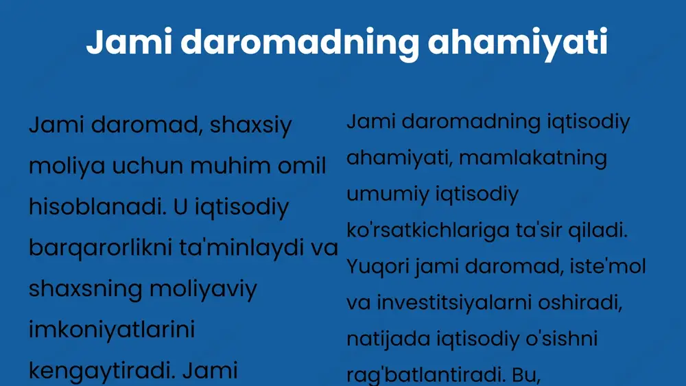 di. 2020 yilda shvetsiyada o'rtacha daromad solig i 30% ni tashkil qilgan ʻ bo'lib, bu davlatning iqtisodiy o'sishi 4% ni tashkil etdi. shuningdek, daromad solig i ijtimoiy tenglikni ta'minlashda ham muhim ʻ ahamiyatga ega. soliq siyosati ta'siri soliq siyosati jismoniy shaxslarning daromadiga ta'sir qiluvchi muhim omil hisoblanadi. bu ta'sir daromad solig i stavkalari, ʻ daromadning turli tarkibiy qismlari va soliq imtiyozlari orqali yuzaga keladi. masalan, soliq stavkasining oshishi yuqori daromadli shaxslar uchun moliyaviy yukni oshirishi mumkin, bu esa ularning investitsiya qilish qobiliyatiga salbiy ta'sir ko'rsatadi. shu bilan birga, soliq imtiyozlari yoki chegirmalar jismoniy shaxslarning daromadini oshirishga yordam berishi mumkin, bu esa iqtisodiyotga ijobiy ta'sir ko'rsatadi. swot tahlili daromad solig i turlarining ʻ afzalliklari daromad solig i turlari quyidagi afzalliklar va kamchiliklarga ega:ʻ 1. **progressiv soliq**: - **afzalliklari**: yuqori daromadli shaxslar ko'proq soliq to'laydilar, bu ijtimoiy adolatni ta'minlaydi. - **kamchiliklari**: yuqori soliq stavkalari iqtisodiy faoliyatni cheklashi mumkin. - **misol**: o'zbekistonda daromad …