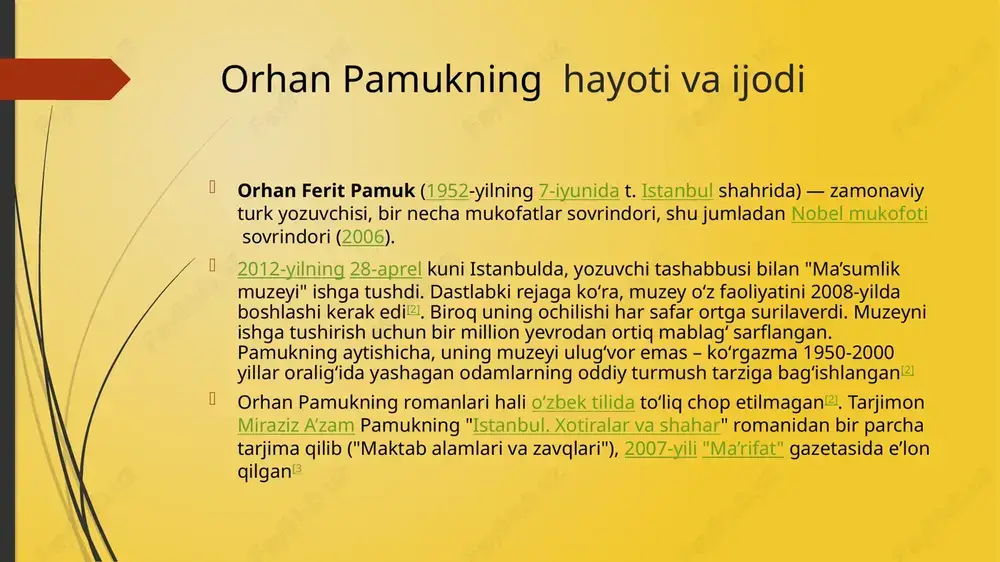 i renkler" (boshqa ranglar) insholar kitobini nashr etdi.2019-yilda 66 yoshli nobel mukofoti laureati o‘zining balkonidan olingan istanbul suratlari “balkon: o‘rxon pamuk suratlari” ko‘rgazmasini o‘tkazdi. unda pamuk o‘z balkonidan telefoto linzalari yordamida suratga olingan “istanbulning nozik va doimiy o‘zgaruvchan manzarasi” tasvirlangan. “balkon” foto kitobining nemis noshiri gerxard steidl kuratorligidagi koʻrgazma uch oy davomida istanbulning istiqlol koʻchasidagi yapı kredi madaniyat va sanʼat binosida davom etdi. unda 2012-yil oxiri va 2013-yil boshida besh oy davomida pamuk tomonidan olingan 8500 dan ortiq rangdagi fotosuratlar orasidan tanlab olingan 600 dan ortiq rangli fotosuratlar taqdim etilgan edi.  ushbu xotira kitobida pamuk istanbulda o‘sgan shaxsiy tajribalari haqida fikr yuritadi va shaharning madaniy, tarixiy va ijtimoiy ahamiyatini o‘rganadi. asarning asosiy g‘oyasi pamukning istanbul bilan chuqur bog‘lanishi va uning xotiralari, hikoyalari va kuzatishlari orqali shahar mohiyatini qamrab olishga urinishi atrofida.  yorqin tasvirlar va introspektiv hikoyalar orqali pamuk istanbulning ko‘p qirrali portretini chizib, uning go‘zalligi, murakkabligi va ziddiyatlarini …