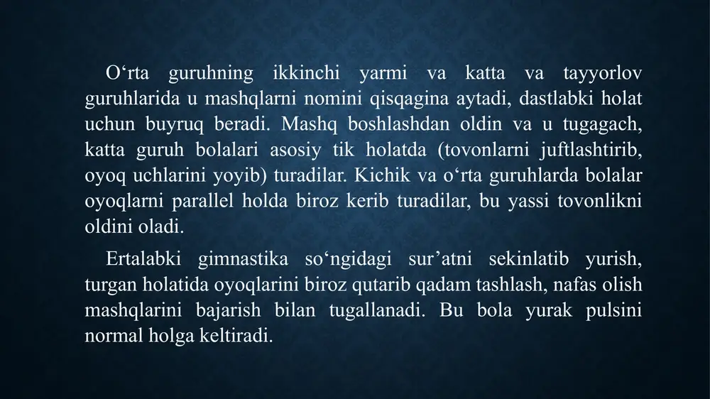 g‘ri yurishga o‘rgatishda katta ahamiyatga ega bo‘ladi, faollik va mustaqillikni tarbiyalashga yordam beradi. • to‘rt yashar bolalar bilim doirasining kengayishi va harakatida tajribalar ortishi bilan harakatli o‘yinlarning mazmuni ham xilma-xil bo‘la boradi. qush va hayvonlar harakatiga, transport turlariga, turli narsalarga taqlid qilib, bajarilgan harakatlar o‘yinlarning asosiy mazmunini tashkil etadi. o‘yinlarda bolalarga buyumlarni tanish, shaklini (kub, doira, kvadrat shaklini) eslab qolish bilan bog‘liq bo‘lgan, topshiriqlar, ranglarni ajratish, tovushlarni farq qilish kabi topshiriqlar bera boshlash kerak. jismoniy tarbiya mashqlarini to‘g‘ri bajarish muskullar, paylar, bo‘g‘imlar, suyak tizimini rivojlantirishga samarali ta’sir qiladi. mustahkam shakllangan harakat ko‘nikmalaridan foydalanish bolaga mashqlarni bajarishda jismoniy kuchni tejash va o‘yin faoliyatida e’tiborni kutilmagan vaziyatlarda yuzaga keladigan turli vazifalarni olishga yo‘naltirish imkonini beradi. bolalarda 7 yoshgacha shakllangan harakat ko‘nikmalari maktabda ularni yanada takomillashtirish uchun zamin bo‘lib xizmat qiladi va kelajakda sportda yuqori natijalarga erishish imkonini beradi. bolalarda harakat ko‘nikmalarining shakllanishi jarayonida birmuncha murakkabroq harakatlar va bu harakatlarni o‘z ichiga oluvchi …