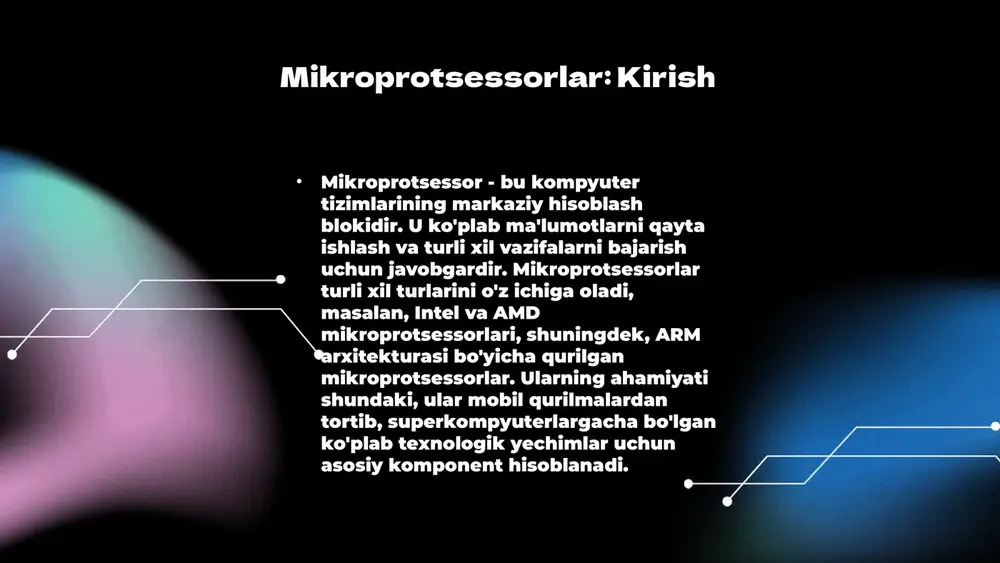 maker&utm_medium=referral mikroprotsessorning ta'rifi • mikroprotsessor bu elektron qurilmalarda – ma'lumotlarni qayta ishlash va boshqarish uchun mo'ljallangan muhim elementdir. u matematik va mantiqiy hisob-kitoblarni bajaradi va foydalanuvchi va qurilma o'rtasidagi o'zaro aloqalarni ta'minlaydi. mikroprotsessorlar elektron qurilmalarda markaziy boshqaruv tizimi sifatida ishlaydi, ularning vazifalari quyidagilardan iborat: ma'lumotlarni qabul qilish, qayta ishlash, va natijalarni chiqarish. mikroprotsessorlar bir necha turga bo'linadi: umumiy maqsadli mikroprotsessorlar, maxsus mikroprotsessorlar va yuqori tezlikdagi mikroprotsessorlar, har biri o'ziga xos vazifalar va foydalanish sohalariga ega. mikroprotsessorlar turlari mikroprotsessorlar risc, cisc, dsp va fpga kabi toifalarga bo'linadi. har bir tur o'ziga xos xususiyatlari va qo'llanish sohalariga ega. photo by getty images on unsplash https://unsplash.com/@gettyimages?utm_source=ai_slide_maker&utm_medium=referral https://unsplash.com/photos/digital-code-number-abstract-background-represent-coding-technology-and-programming-languages-00iatt47-lc?utm_source=ai_slide_maker&utm_medium=referral risc va cisc: farqlari risc mikroprotsessorlar risc (reduced instruction set computer) mikroprotsessorlari kam sonli va sodda buyruqlar bilan ishlaydi. ular yuqori tezlikda ishlaydi, chunki har bir buyruqni bajarish uchun kam vaqt sarflaydi. risc arxitekturasi ma'lum darajada parallel ishlashni qo'llab-quvvatlaydi, bu esa uning samaradorligini oshiradi. cisc mikroprotsessorlar …