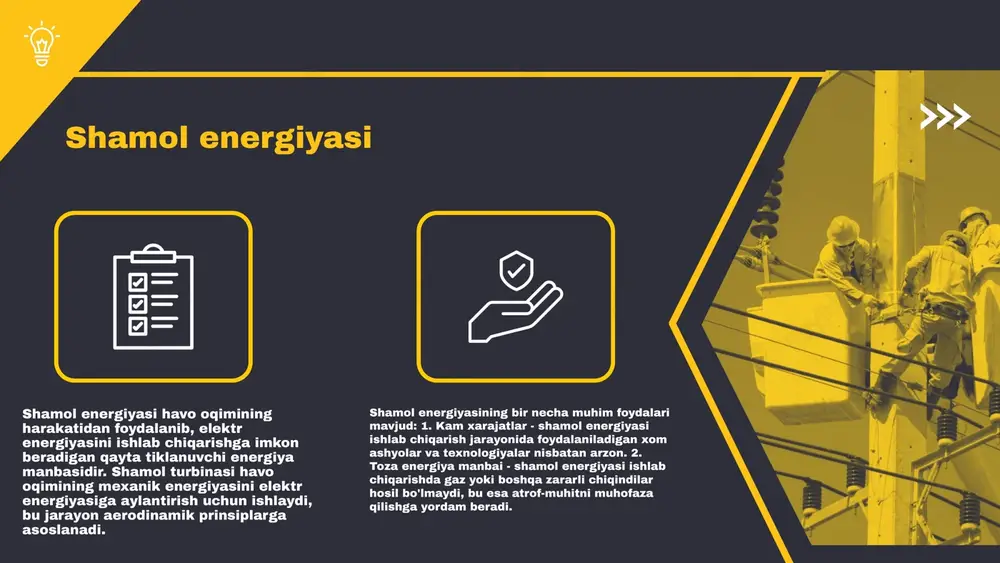uhim o'rin egallaydi. birinchi navbatda, investitsiyalarni jalb qilish va xarajatlarning kamayishi energiya manbalarining samaradorligini oshirishga yordam beradi. masalan, quyosh va shamol energiyasi uchun texnologiyalar rivojlanishi, xarajatlarni pasaytirish va iqtisodiy barqarorlikni ta'minlash imkonini beradi. shu bilan birga, energiya manbalarining iqtisodiy samaradorligini oshirish uchun innovatsion g'oyalar va dasturlarni joriy etish zarur. bunday yondashuv, kelajakda qayta tiklanadigan energiya manbalarini kengaytirish va ularning iqtisodiyotga ta'sirini kuchaytiradi. kelajak istiqbollari energiyaning kelajagi, asosan, qayta tiklanadigan energiya manbalarining rivojlanishiga bogʻliq. qayta tiklanadigan energiya manbalari, jumladan, quyosh, shamol va biokarbon manbalari, global energiya talabini qondirishda muhim rol o‘ynaydi. ushbu manbalarni rivojlantirish energiya siyosatining asosiy vazifalaridan biri bo‘lib, energiya ta'minotini diversifikatsiyalash va barqarorlikni ta'minlashga qaratilgan innovatsion yondashuvlarni o‘z ichiga oladi. kelajakda, energiya sektorida raqobatbardosh bo'lish uchun yangi texnologiyalar va innovatsiyalarni joriy etish zarur, bu esa energiya samaradorligini oshirishga va atrof-muhitni muhofaza qilishga yordam beradi. shuningdek, xalqaro hamkorlik va investitsiyalarni jalb qilish qayta tiklanadigan energiya manbalarini rivojlantirishni yanada tezlashtiradi. photo …