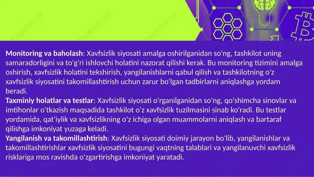 nga e'tibor qaratish kerak this presentation uses a free template provided by fppt.com www.free-power-point-templates.com aniq qoidalar va tartiblar: xavfsizlik siyosati tashkilot ichidagi aniq qoida-jo'rahatlarni belgilaydi va tashkilot a'zolari uchun o'zaro aniqlikni ta'minlaydi. bu qoidalar tashkilotning xavfsizlik protsesslarini va dasturlarini boshqarishda ko'rsatilishi kerakligini aniqlaydi. ishlab chiqish va rivojlanishga ta'sir ko'rsatish: xavfsizlik siyosati tashkilotning ishlab chiqishini, innovatsiyasini va rivojlanishini ta'minlashda muhim rol o'ynaydi. xavfsizlikni ta'minlash uchun tashkilotning yaxshi tuzilgan xavfsizlik siyosati, xavfsizlikni kengaytirish, yangi texnologiyalarni qabul qilish va xavfsizlikning strategik ko'rsatkichlarini yaxshilaydi. ommaviy imkoniyatlarni ta'sirga uchirish: xavfsizlik siyosati tashkilotning ommaviy rivojlanish, ishonchli sheriklar va mijozlar bilan hamkorlik qilish imkoniyatlarini yaratadi. mijozlar tashkilotga ishonch va xavfsizlik hissiyatini ko'tarish uchun xavfsizlik siyosati muhimdir. xavfsizlik siyosati tashkilotning o'z vaqtida faol va rivojlanayotgan muassasalariga ko'rsatkichlar taqdim etadi va xavfsizlik holatini boshqarish, muvofiqligini ta'minlash va takomillashtirish jarayonlarida muhim ahamiyatga ega. this presentation uses a free template provided by fppt.com www.free-power-point-templates.com xavfsizlik siyosati tashkilotning rivojlanishi va faoliyatida qanday …