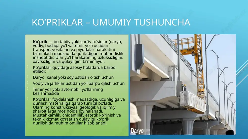 stahkamligi va barqarorligini ta’minlaydi. asosiy elementlari quyidagilardan iborat: tayanchlar (ustunlar): estakadaning og‘irligini ko‘taradi va uni yerga mahkam bog‘laydi. ustki qurilma: transport vositalari harakatlanadigan qism boʻlib, balka yoki ramsimon shaklda bo‘ladi. yo‘l qatnov yuzasi: asfalt yoki beton bilan qoplangan, harakat uchun mo‘ljallangan sirt. deformatsiya choklari: harorat o‘zgarishlari natijasida yuzaga keladigan kengayish yoki qisqarishlarga moslashadi. drenaj tizimi: suvni to‘plab chiqarib yuboradi, inshootni namlikdan himoya qiladi. xavfsizlik panjaralari: transport va piyodalar uchun himoya vazifasini bajaradi. ushbu elementlarning to‘g‘ri loyihalanishi va sifatli qurilishi estakadaning uzoq muddat xizmat qilishini ta’minlaydi. tayanch turlari tayanchlar — ko‘prik, yo‘l o‘tkazgich va estakada kabi inshootlarning asosiy yuk ko‘taruvchi qismlaridir. ular ustki qurilma og‘irligini yerga o‘tkazib, inshootning barqarorligini ta’minlaydi. tayanchlar ikki asosiy turga bo‘linadi: asosiy (chekka) tayanchlar: inshootning ikki uchida joylashadi va ustki qismlarni qo‘llab turadi. oraliq tayanchlar: uzun inshootlarda orasida joylashadi va yukni bir nechta nuqtaga taqsimlaydi. tayanchlar quyidagi shakllarda bo‘lishi mumkin: tosh yoki beton blokli monolit temir-betonli metall …