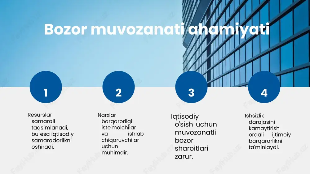 iste'molchiga manfaatdorlikni oshiradi. ushbu vositalar iqtisodiy barqarorlikni ta'minlashda muhim rol o'ynaydi. narx nazorati narxlar oshishining oldini oladi, subsidiyalar esa iste'molchilarni qo'llab- quvvatlaydi. soliqlar davlat byudjetini to'ldirib, ijtimoiy xizmatlarni moliyalashda yordam beradi. raqobat siyosati esa bozorni samarali boshqarish orqali iqtisodiy o'sishni rag'batlantiradi. narx nazoratining rolini ko'rsatish narx nazoratining iqtisodiyotdagi roli uchta asosiy jihatdan namoyon bo'ladi: 1. **inflatsiyani nazorat qilish:** narx nazorati inflyatsiya darajasini pasaytirishga yordam beradi. misol uchun, o'zbekistonda davlat tomonidan belgilangan narxlar oziq-ovqat mahsulotlarining oshishiga to'siq qo'yadi, bu esa aholining xarajatlarini barqarorlashtiradi. 2. **ijtimoiy himoya:** narx nazorati ijtimoiy himoya vositasi sifatida xizmat qiladi. o'zbekistonda kam ta'minlangan qatlamlar uchun subsidiyalar berish orqali, davlat narxlarning ortishini kamaytiradi va aholining ijtimoiy ahvolini yaxshilaydi. 3. **iqtisodiy o'sishni rag'batlantirish:** narx nazorati iqtisodiy o'sishni rag'batlantiradi. yaxshi narx siyosati tadbirkorlik faoliyatini qo'llab-quvvatlaydi. misol uchun, oziq-ovqat narxlarining nazorati fermerlarga barqaror daromad olish imkonini beradi. subsidiyalar va ularning ta'siri ### mahsulot narxlarini pasaytirish davlat subsidiyalari, mahsulot narxlarini pasaytirish orqali …