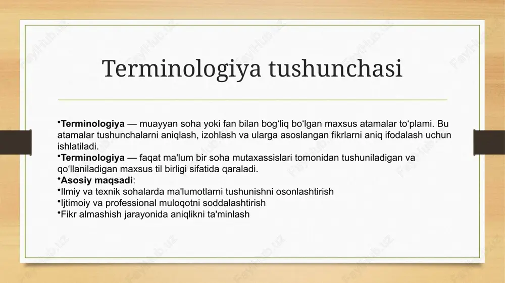 ksika, morfologiya tilshunoslik va adabiyotshunoslik kabi sohalarda terminlar. terminologiya va ta’lim darsliklar va qo‘llanmalarda terminlar o‘quvchilarga aniq va tushunarli tarzda tushuntiriladi. har bir fan o‘ziga xos terminologiyani talab qiladi va bu terminlar o‘quvchilarga to‘g‘ri va aniq tushuntirilishi kerak. o‘qituvchining vazifasi: terminlarni mazmunan to‘g‘ri yetkazish, shuningdek, ularni o‘quvchilarga aniq, oddiy va tushunarli shaklda taqdim etish. o‘qituvchi o‘quvchilarga har bir terminning ma’nosi, qo‘llanilishi va amaliyotdagi ahamiyatini tushuntirishi lozim. o‘quvchilarga terminlarni to‘g‘ri qo‘llash va ularning bilimlarini mustahkamlashga yordam berish. terminlar bilan ishlash lug‘at tuzish terminlarning ma'nolari, qo‘llanish doiralari va izohlarini o‘z ichiga olgan lug‘atlar yaratish. bu ilmiy sohalarda tushunishni osonlashtiradi va umumiy terminologiyani shakllantiradi. glossariy yaratish fandagi muayyan so‘z va terminlar ro‘yxatini yaratish. glossariylar o‘quvchilarga yoki tadqiqotchilarga yangi atamalarni o‘rganishda yordam beradi va ularni tushunishda qo‘llaniladi. fanda yagona terminlar bazasini ishlab chiqish har bir ilmiy yoki texnik soha uchun yagona va rasmiy terminlar bazasini yaratish. bu terminlarning bir xillik va aniq bo‘lishini ta’minlaydi, …